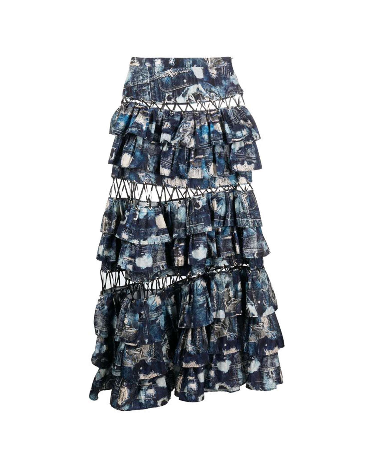 Long Skirt With Flounces And Iconic Runway Denim-effect Pattern