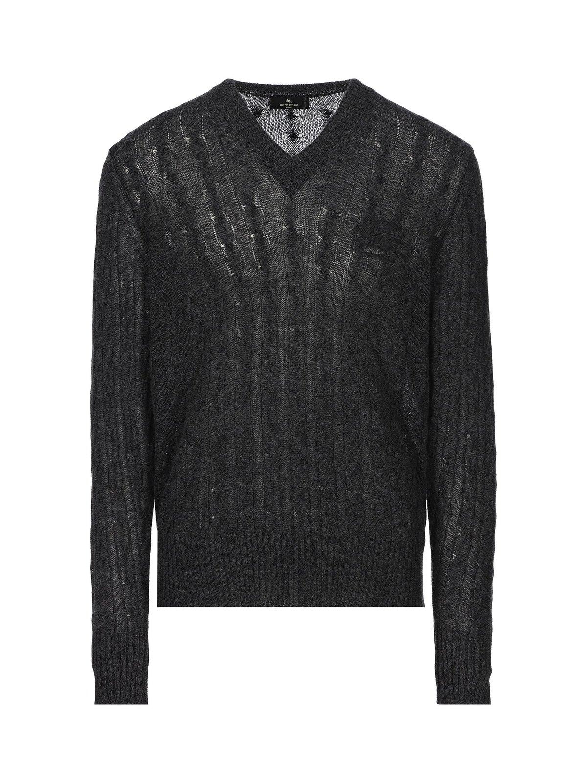 Shop Etro Logo-embroidered V-neck Knitted Jumper In Nero