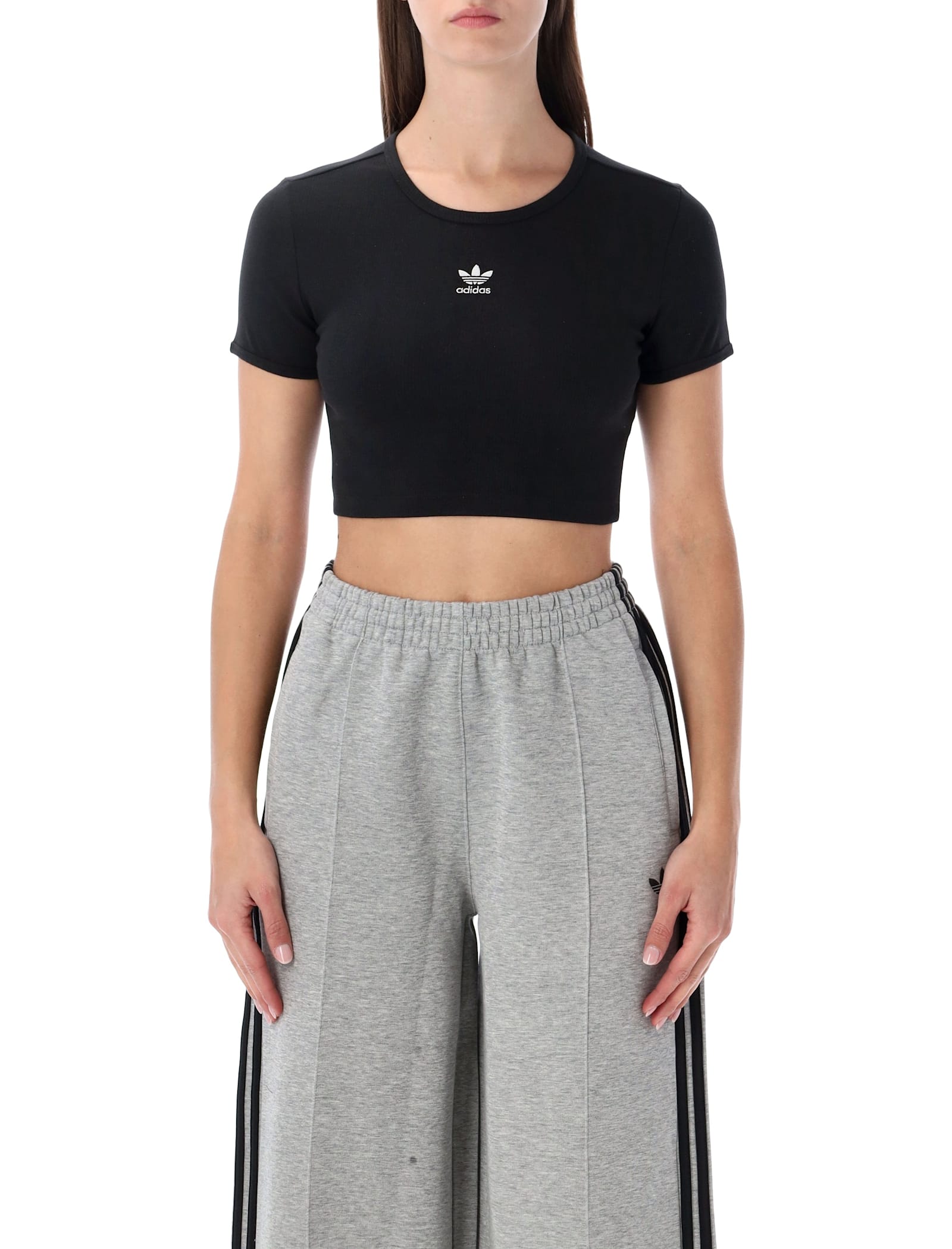 Adidas Originals Black Essentials Ribbed Cropped T-shirt In Black