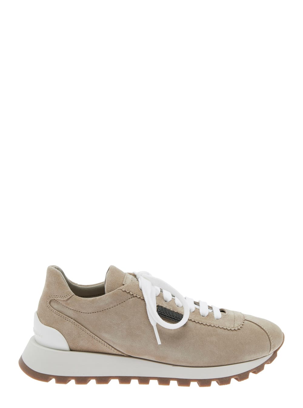 Brunello Cucinelli Beige Low Top Sneakers With Monil Detail On The Side And Embossed Logo Lettering On The Rear In Leat