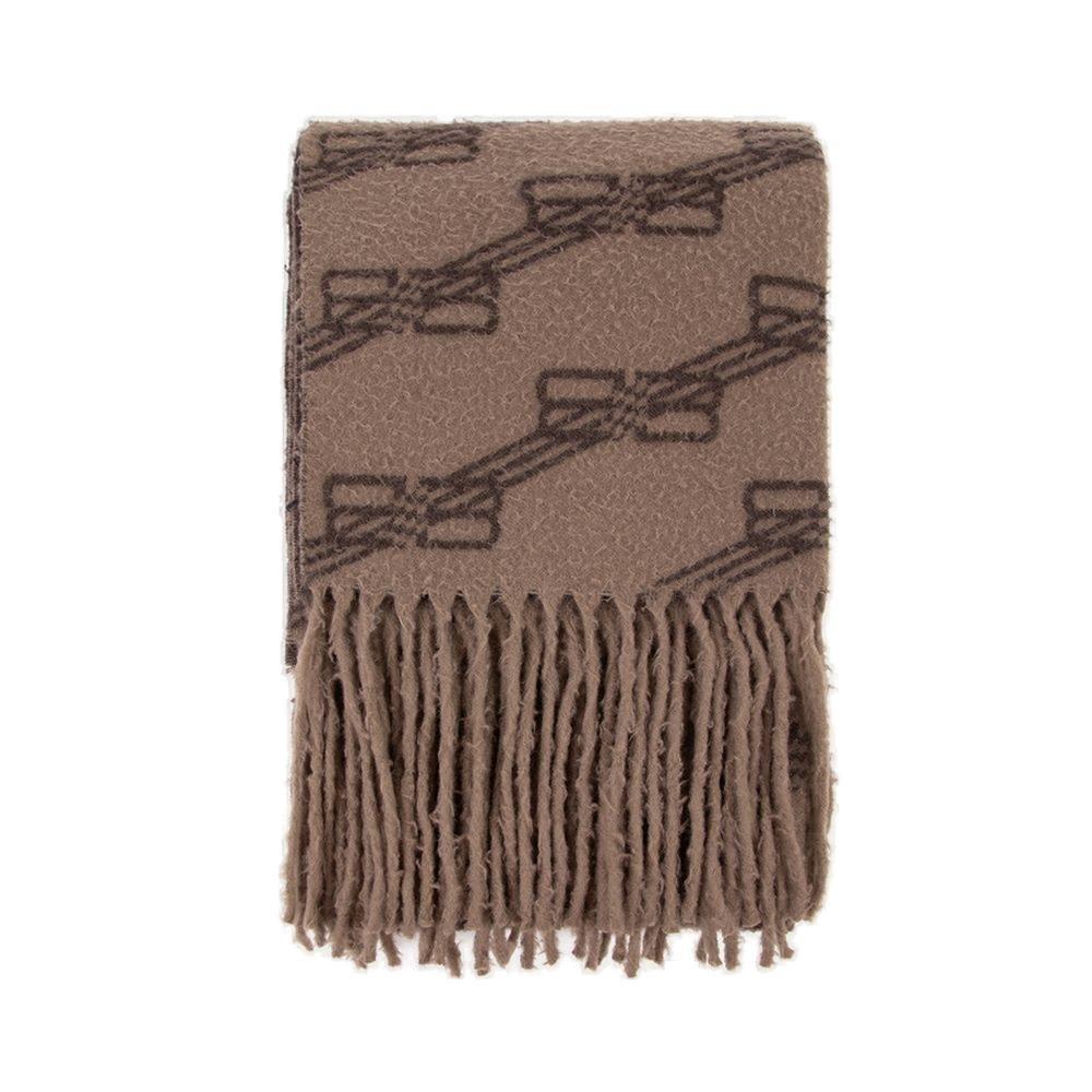 BALENCIAGA ALLOVER LOGO PRINTED FRINGED SCARF 