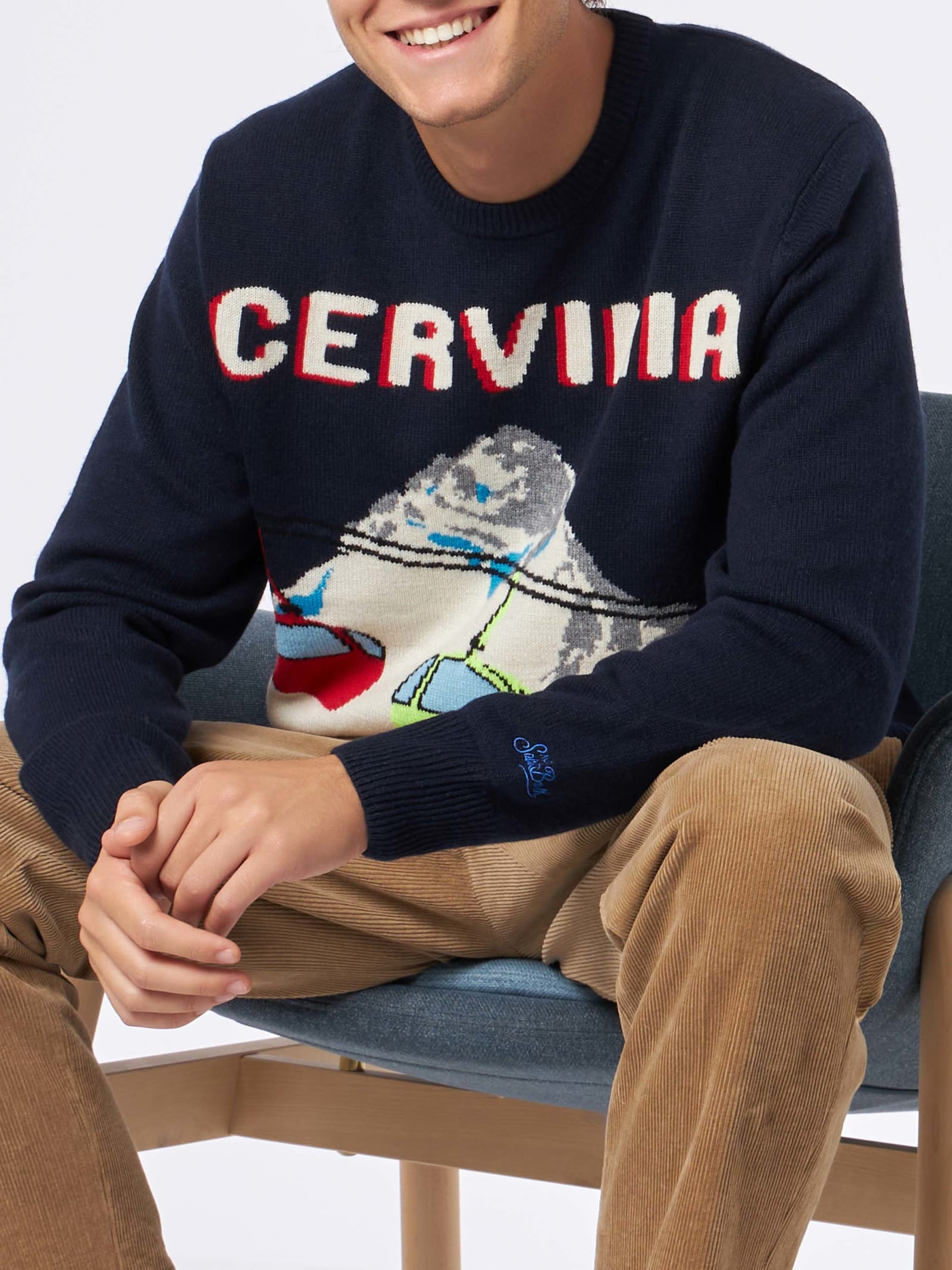 Shop Mc2 Saint Barth Man Crewneck Sweater With Cervinia Postcard Jacquard Print In Blue