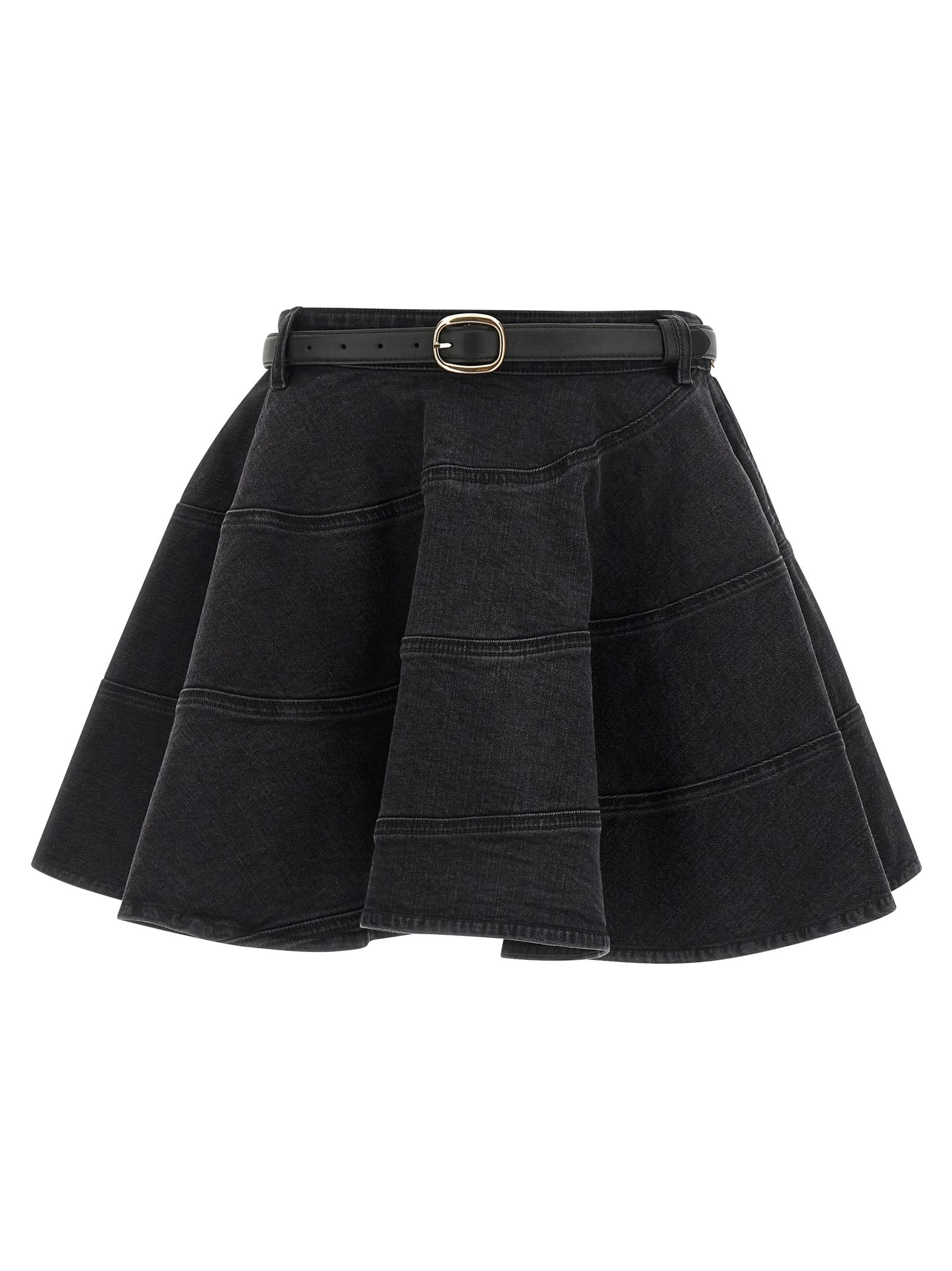 self-portrait black Flared Denim Mini Skirt