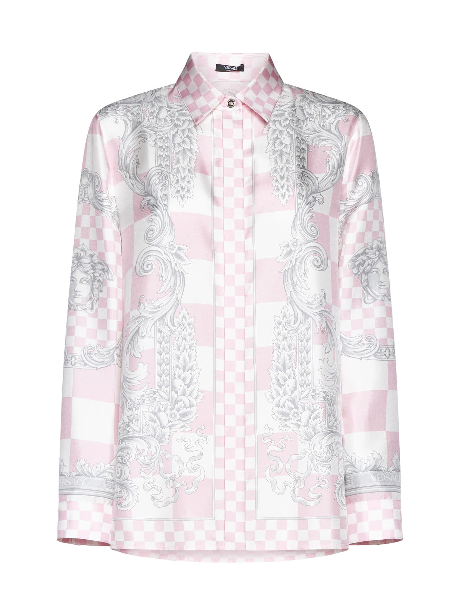 Shop Versace Shirt In Pastel Pink + White + Silver