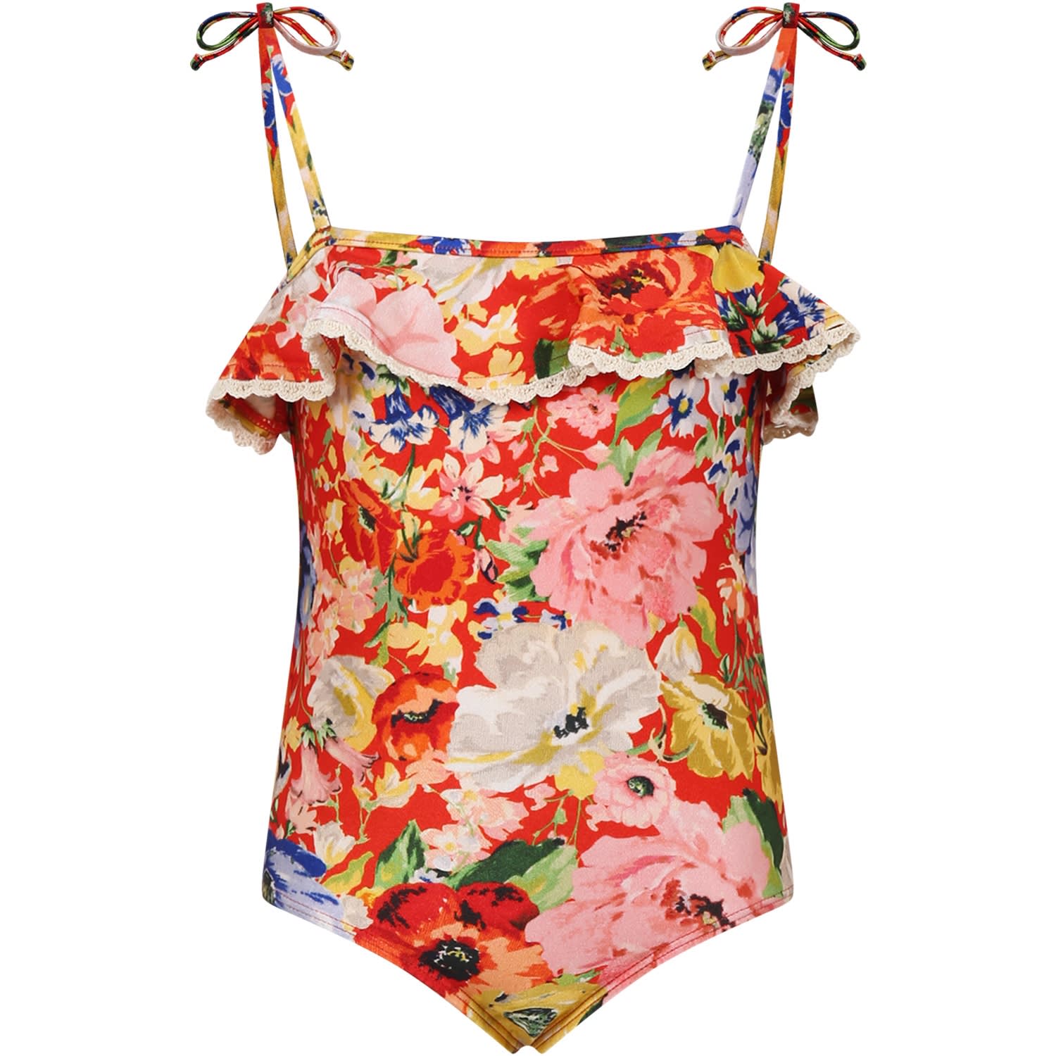 Zimmermann Kids' One-piece Red Swimsuit For Girl With Floral Print In Multicolor