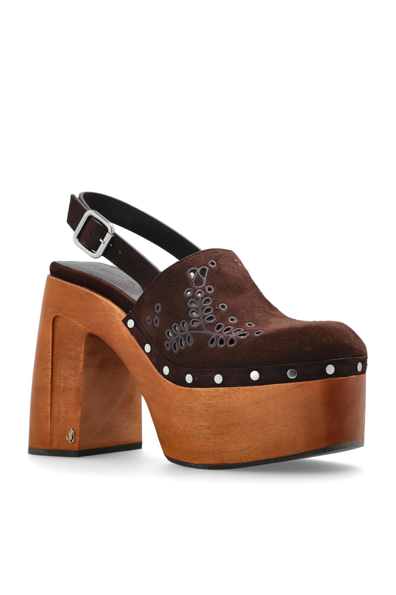 Jimmy Choo Alida 135 Embroidered Studded Suede Platform Clogs In Brown