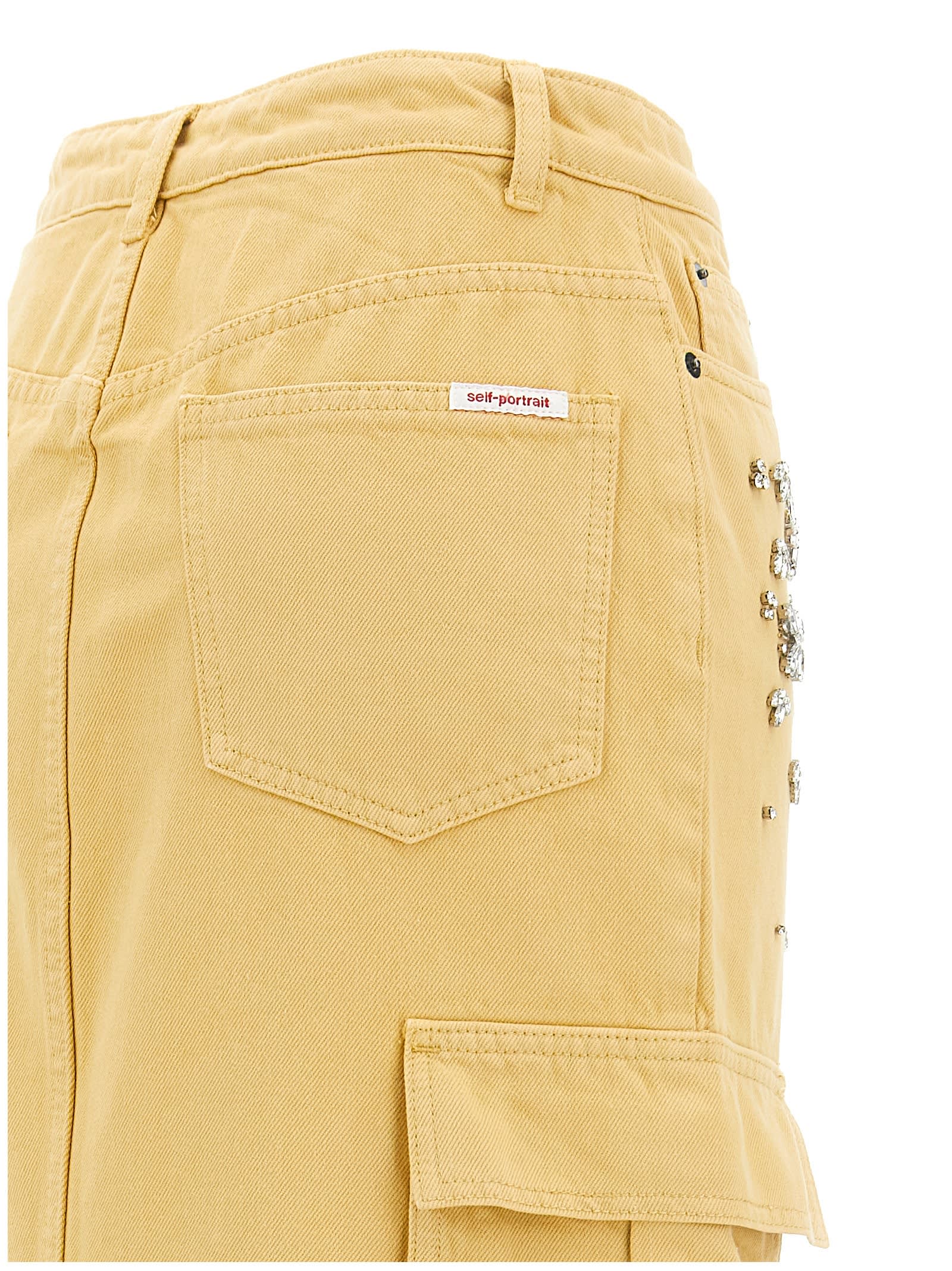 Shop Self-portrait Embellished Denim Cargo Maxi Skirt In Beige