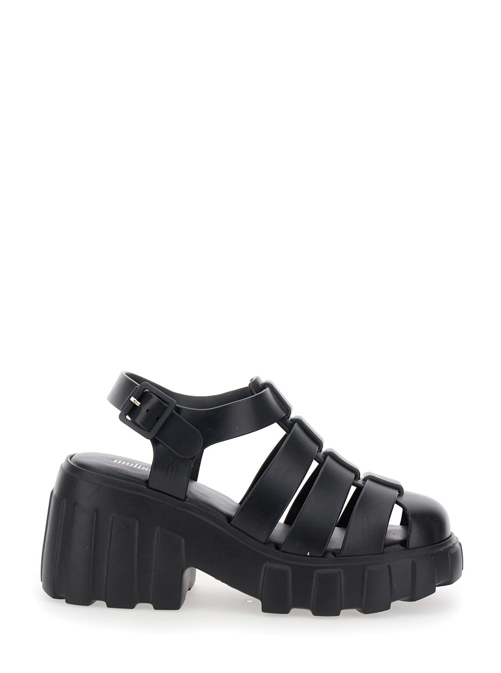 Shop Melissa Megan Black Sandals With Adjustable Buckle Closure And Cage Design In Tech Fabric Woman