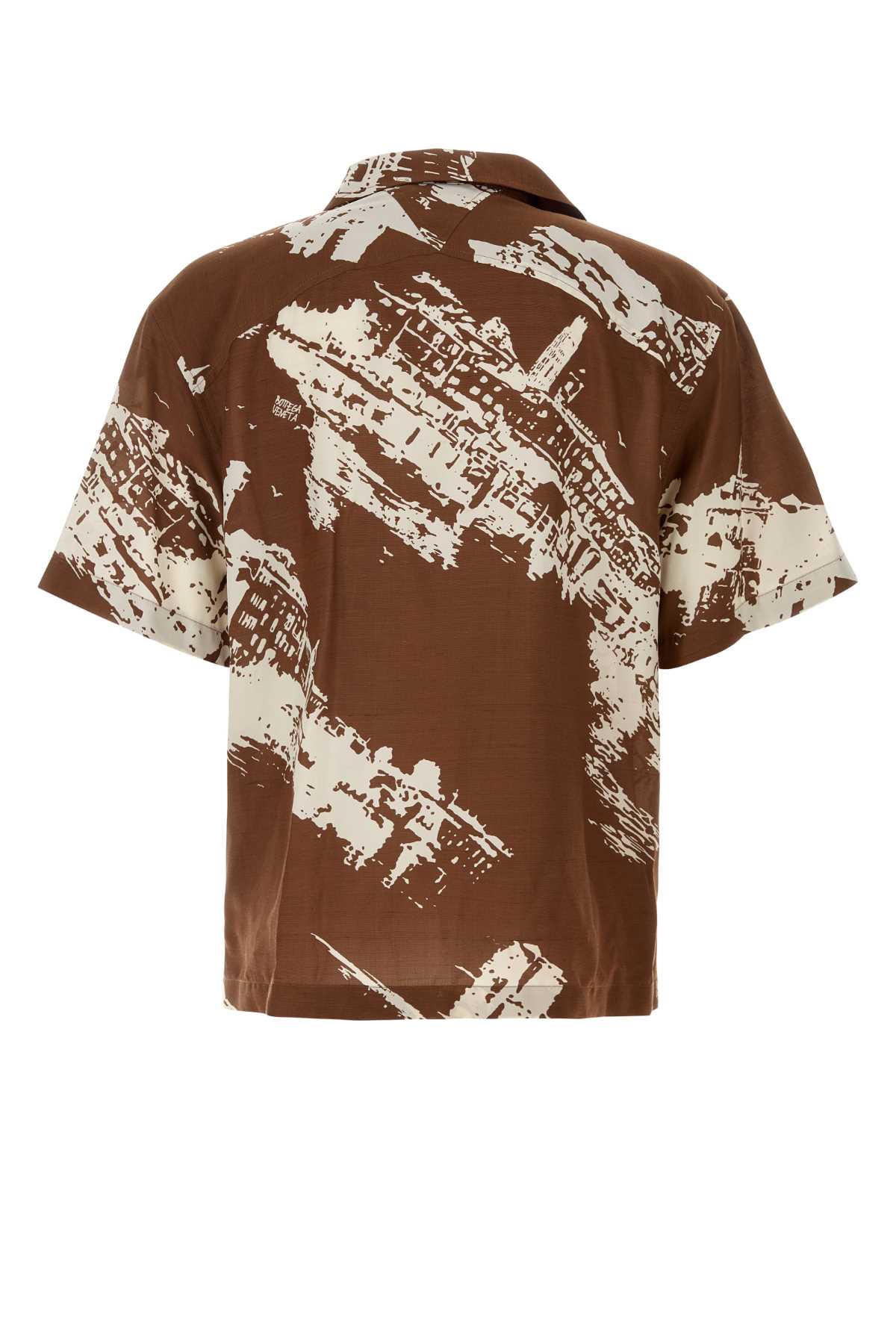 Bottega Veneta Postcard Print Silk Shantung Short Sleeve Shirt In Brown