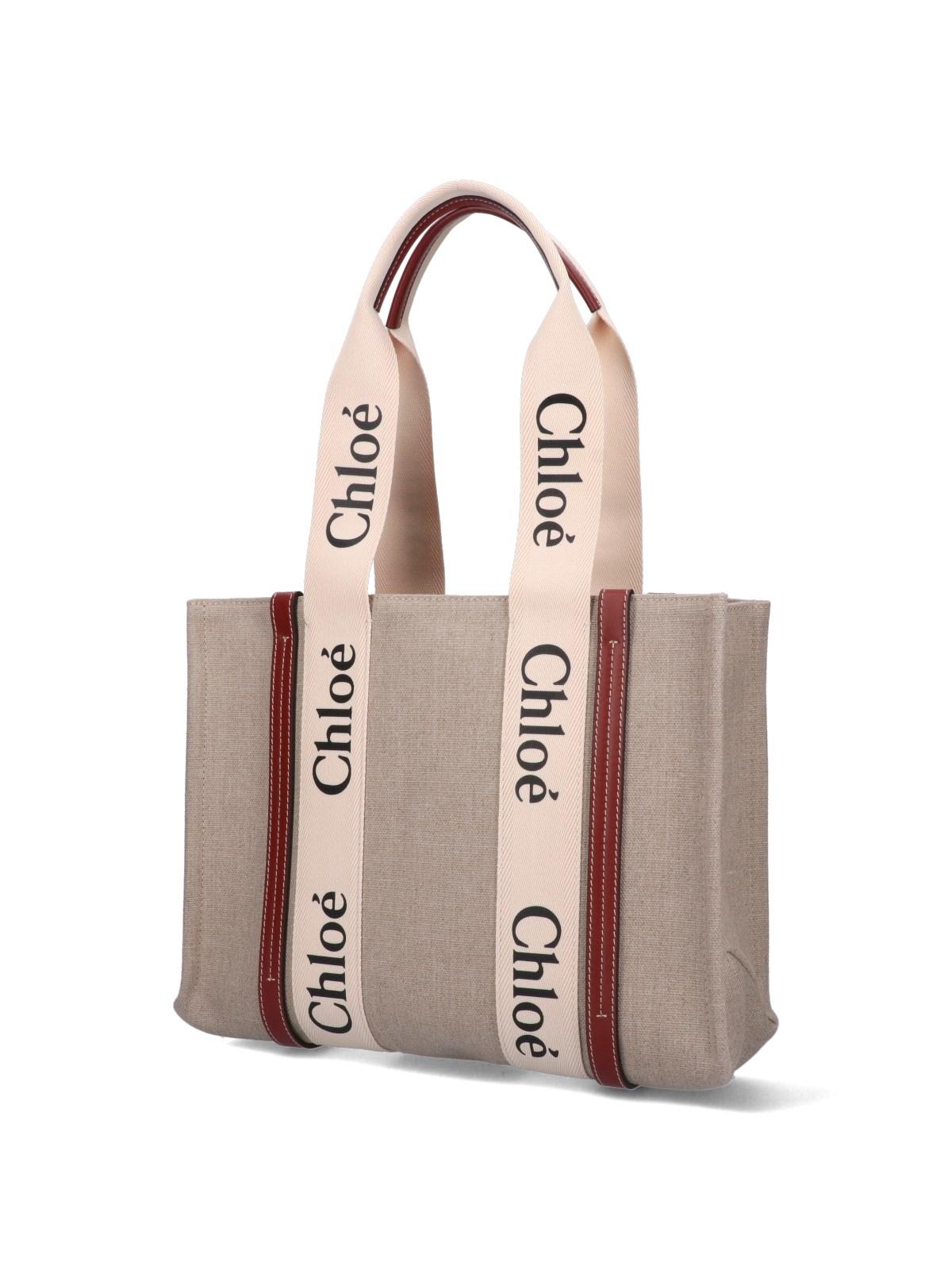 CHLOÉ WHITE AND BROWN MEDIUM WOODY SHOPPING BAG WITH SHOULDER STRAP