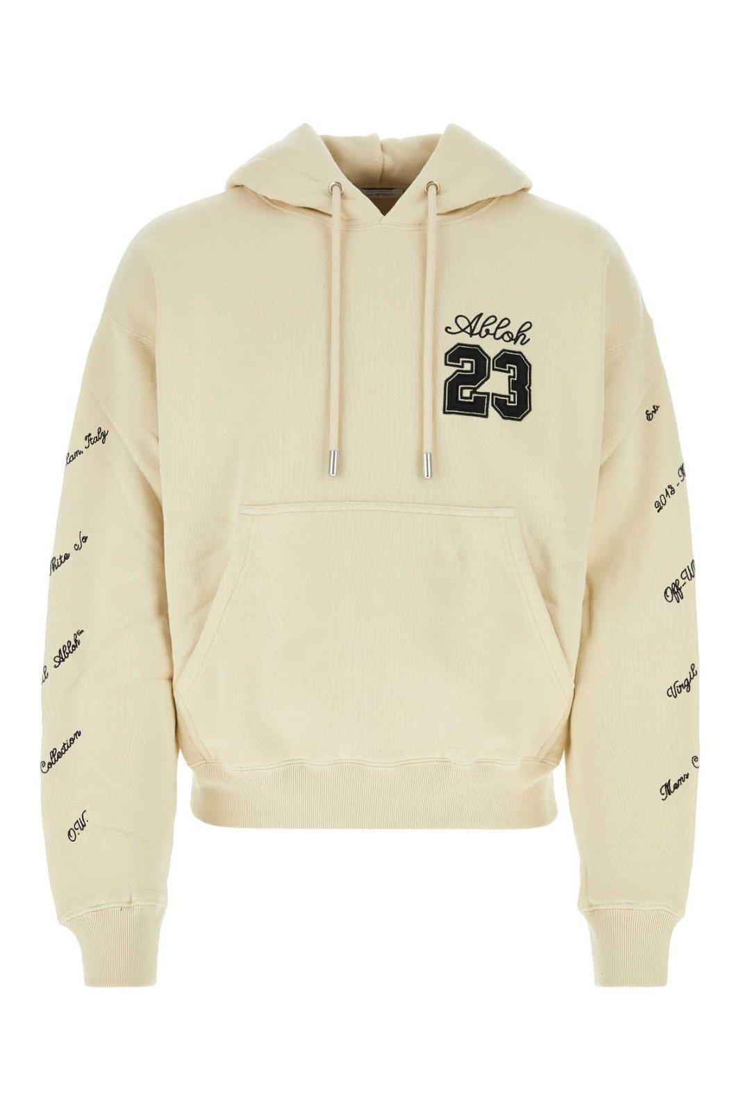 Off-white Embroidered-logo Cotton Hoodie In Beige