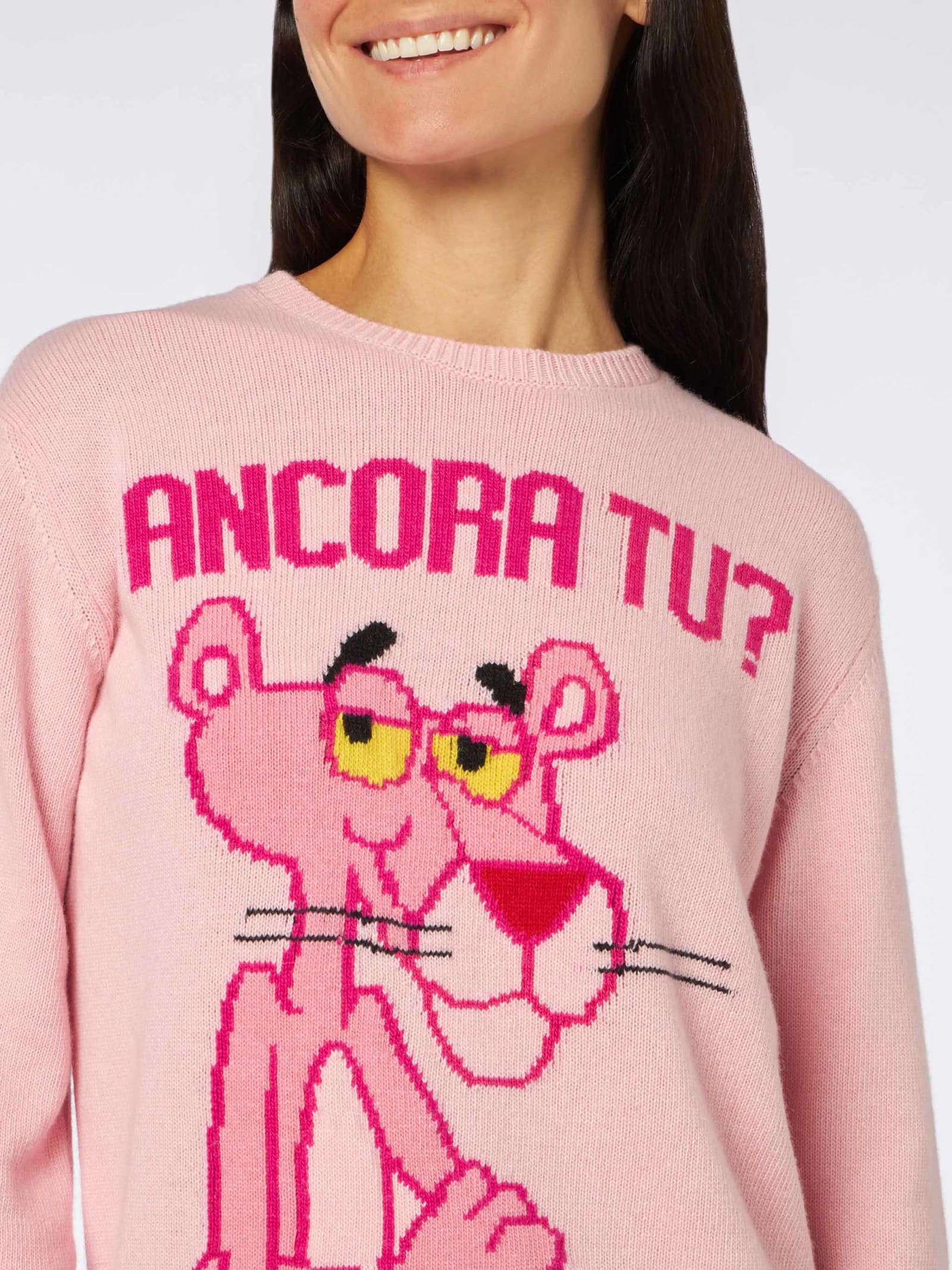 Shop Mc2 Saint Barth Woman Crewneck Pink Sweater With Pink Panther Ancora Tu? Print The Pink Panther Special Edition