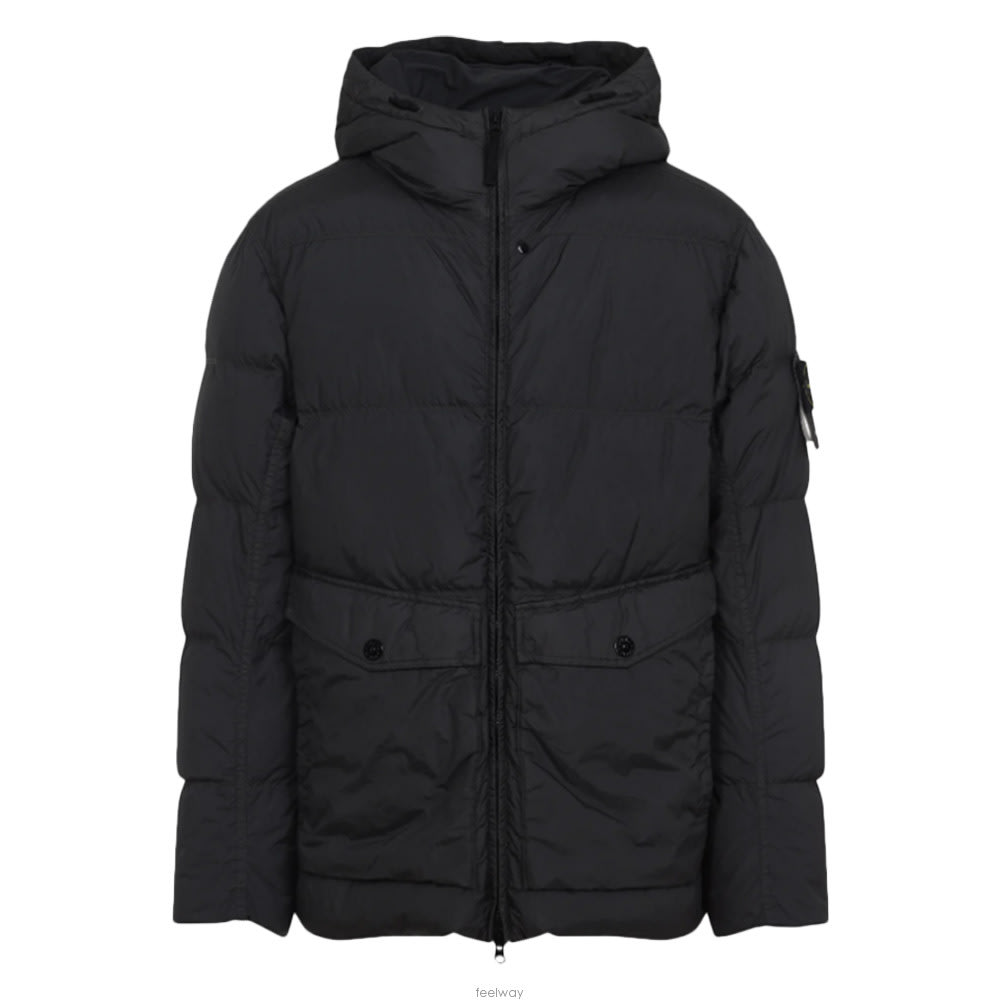 Stone Island Blue Down Jacket With Drawstring Hood And Logo Patch On The Sleeve In Tech Fabric Man In Black