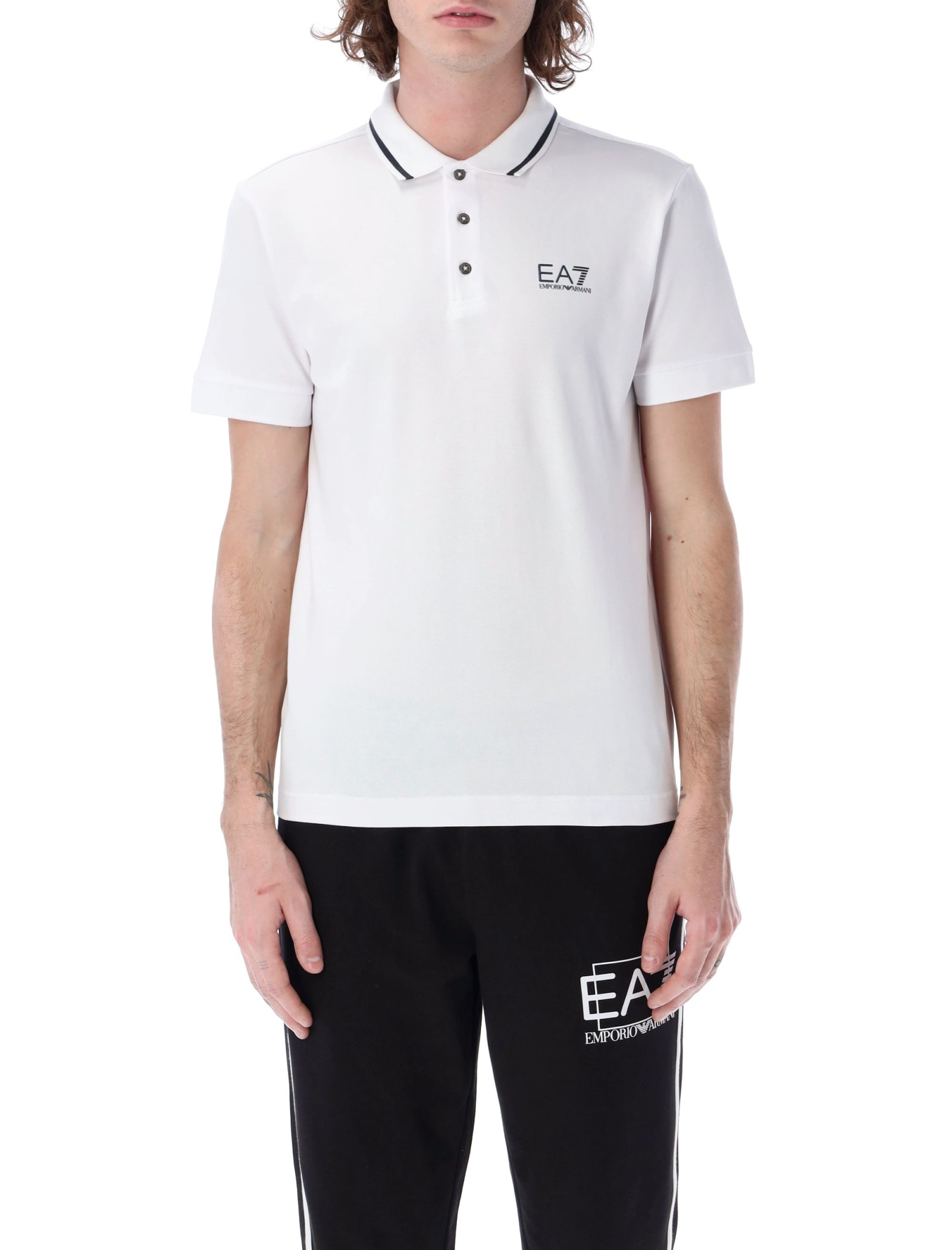 Ea7 Core Identity Stretch Piqué Polo Shirt In White