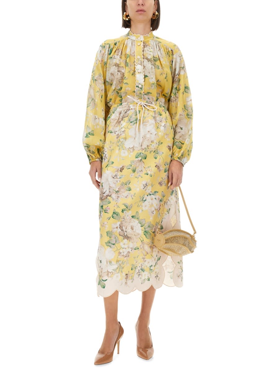 Zimmermann Acacia Scalloped Floral-print Linen Midi Skirt In Yellow