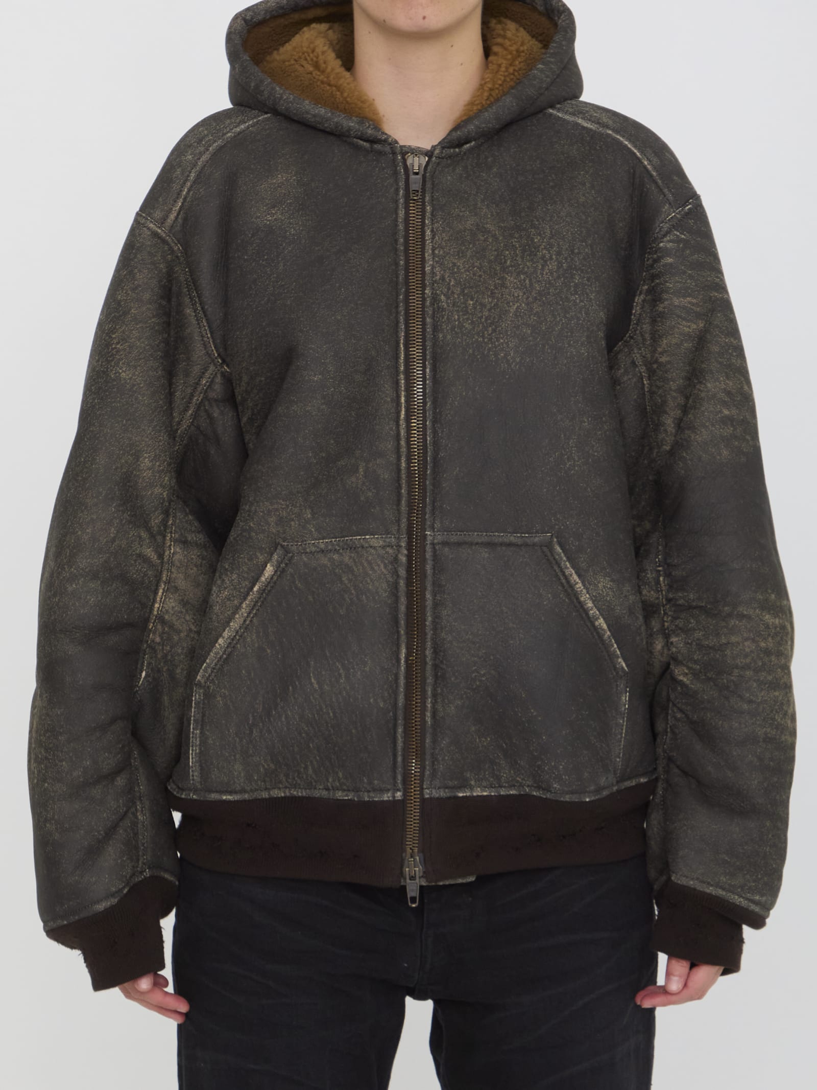 Shop Balenciaga Hoodie Shearling Jacket In Brown