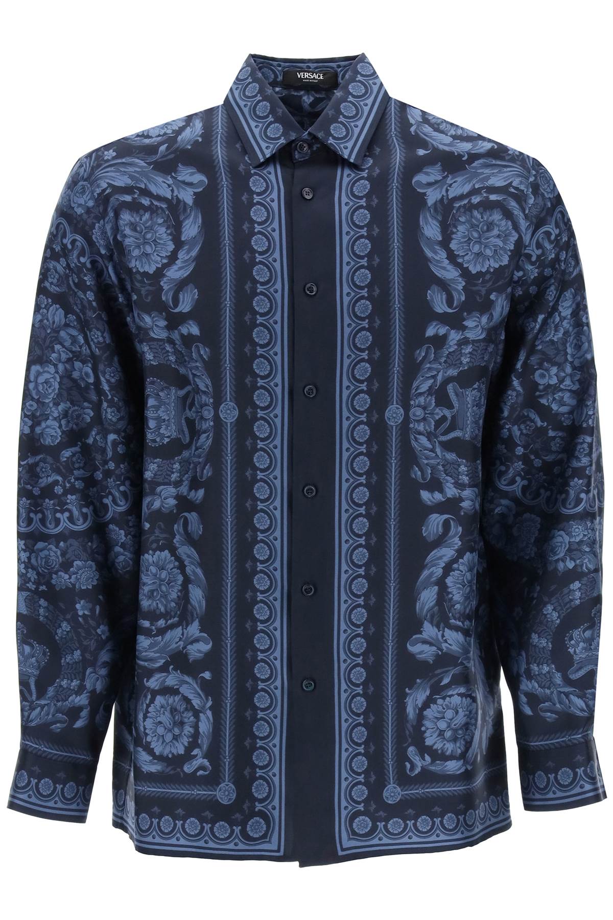Shop Versace Barocco Silk Shirt In Navy Blue (blue)