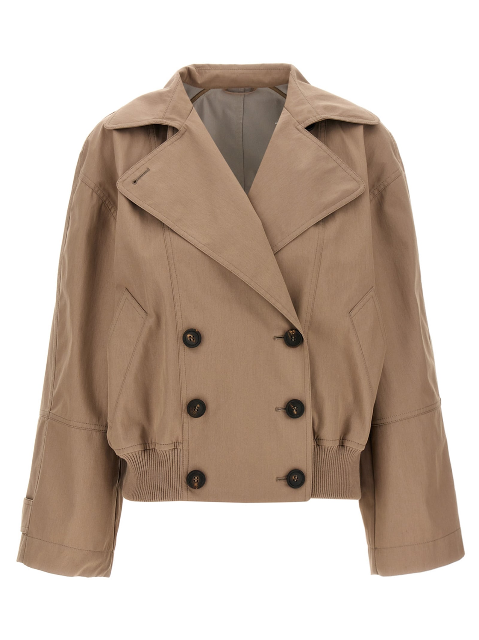 Brunello Cucinelli Brown Double-breasted Crop Jacket With Windbreak Flap And Classic Wide Lapels In Cotton Blend Woman In Beige