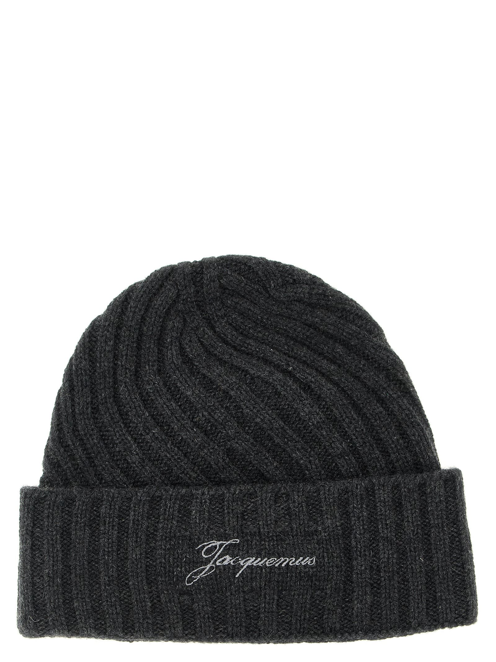 Jacquemus Ribbed Cashmere And Wool Beanie Hat In Gray
