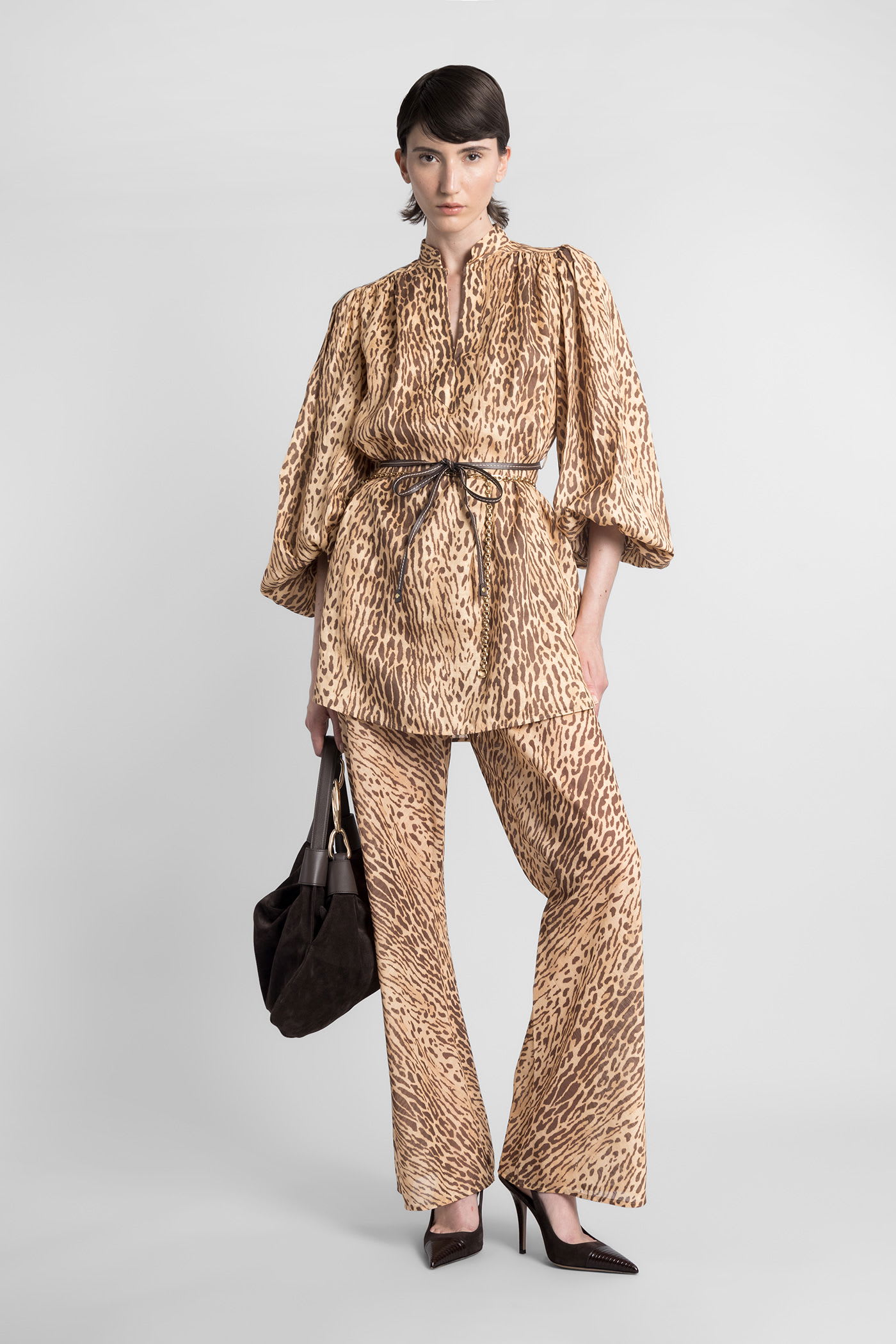 Zimmermann Cascadian Beige Tunic Dress With Stand-up Collar And All-over Leopard Print In Linen Woman In Brown