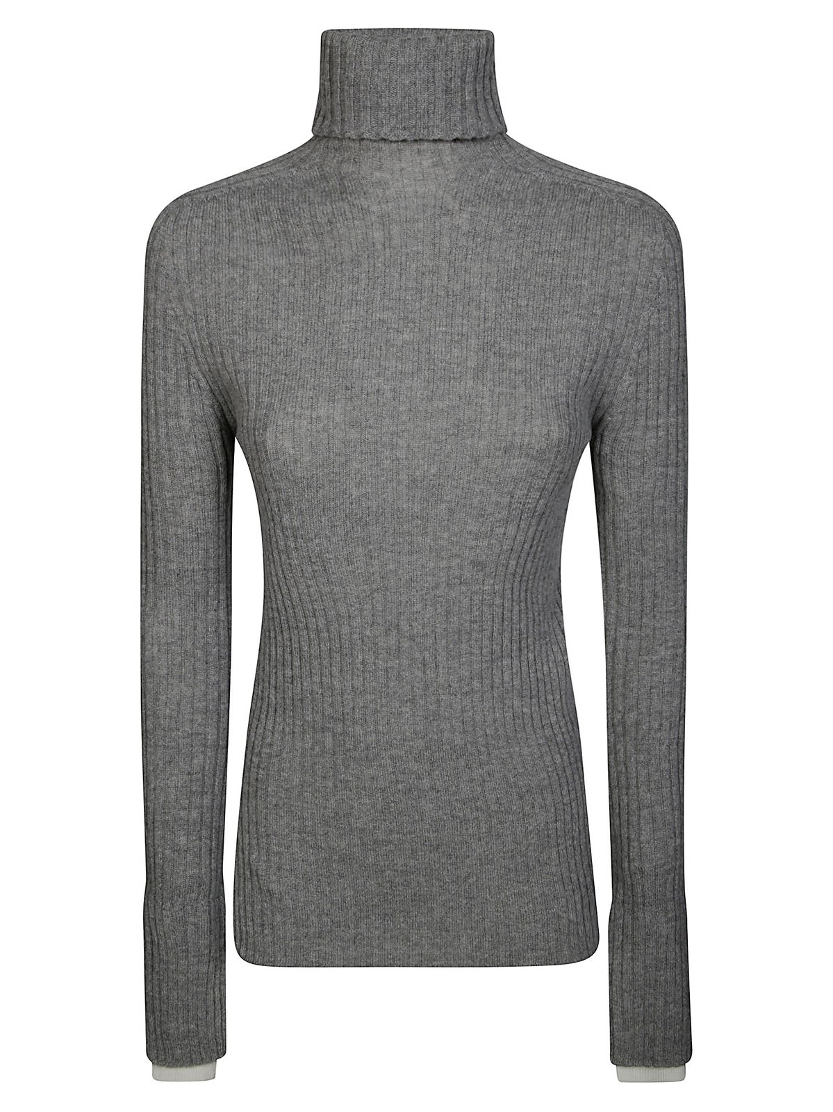 Pinko High-neck Ribbed Cashmere-blend Sweater With Lurex Cuffs In Grigio/bianco