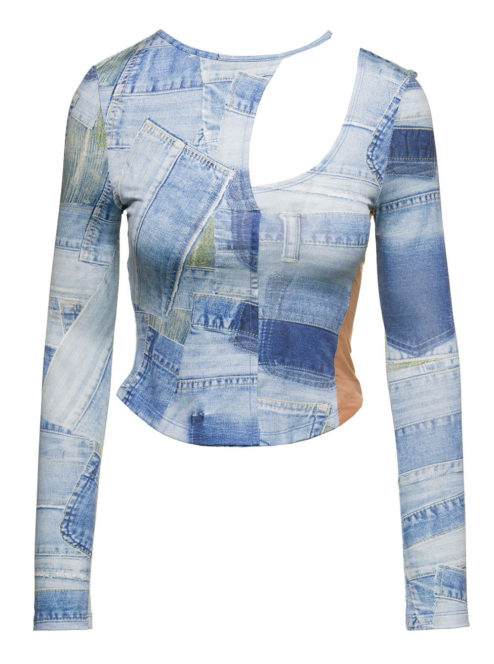 anja Light Blue Long-sleeve Top With Cut-out And Denim Patch Print Woman