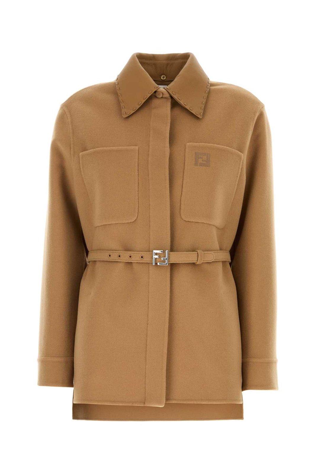 Shop Fendi Logo Embroidered Belted Waist Jacket In Camel