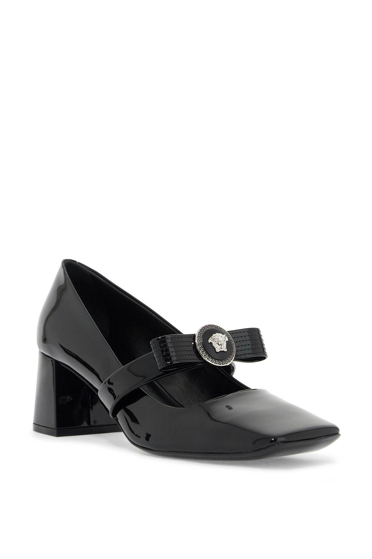 Shop Versace Gianni Ribbon Patent Leather Dã© In Black-palladium (black)