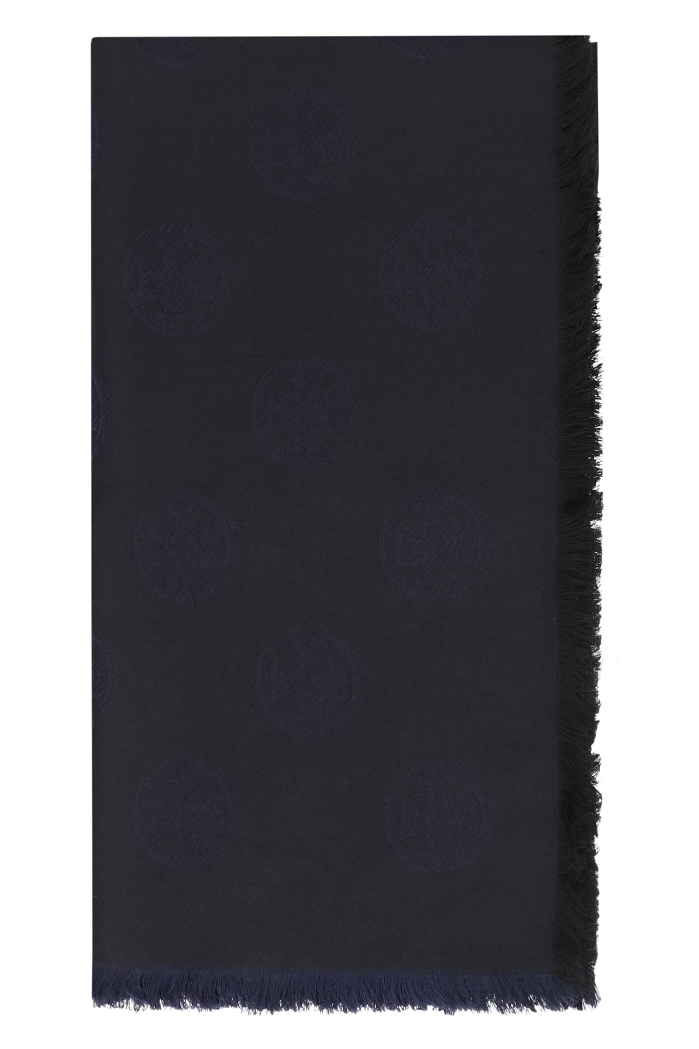 Tory Burch Logo-pattern Frayed-edge Scarf In Black