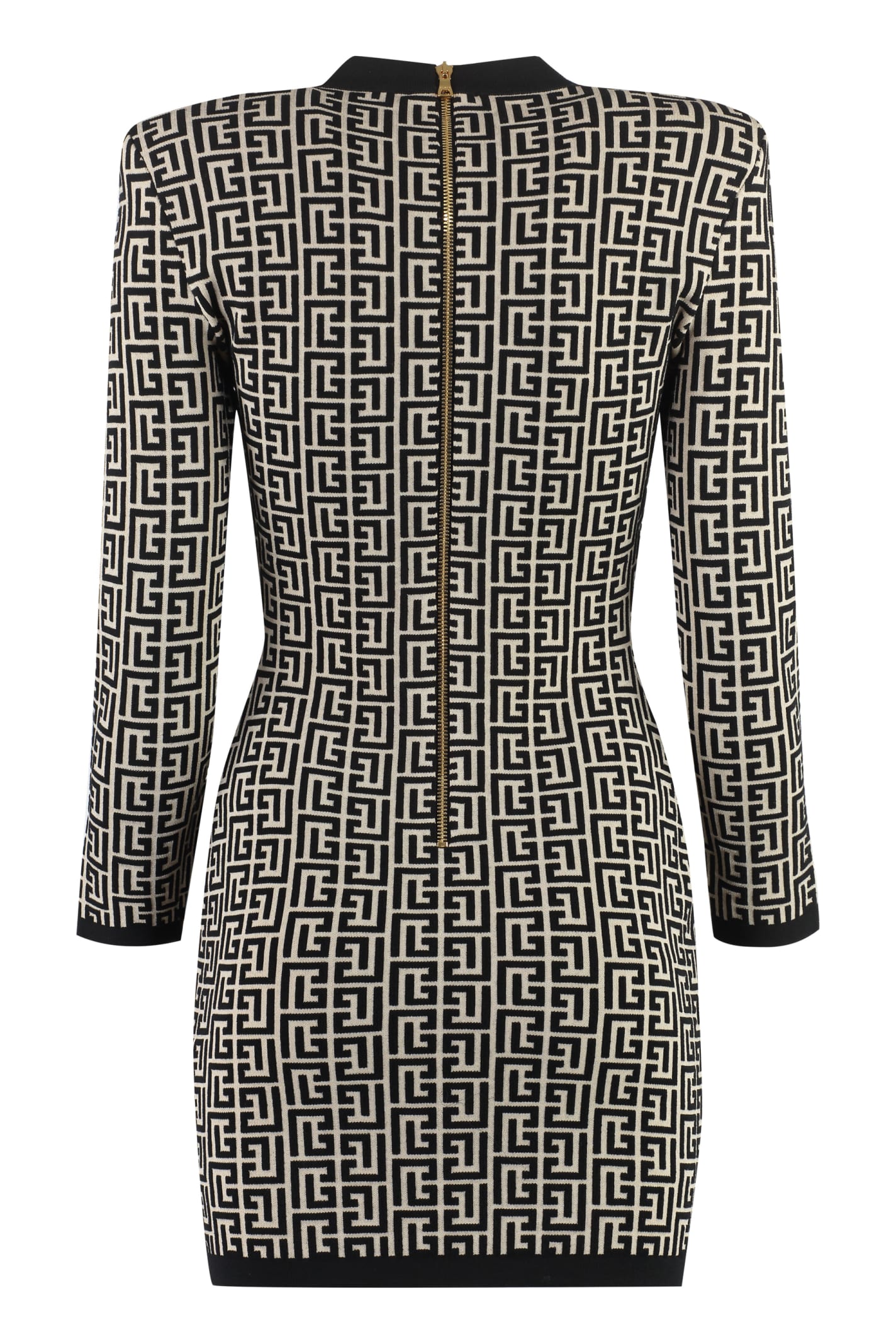 Shop Balmain Geometric Jacquard Wool Dress In Black