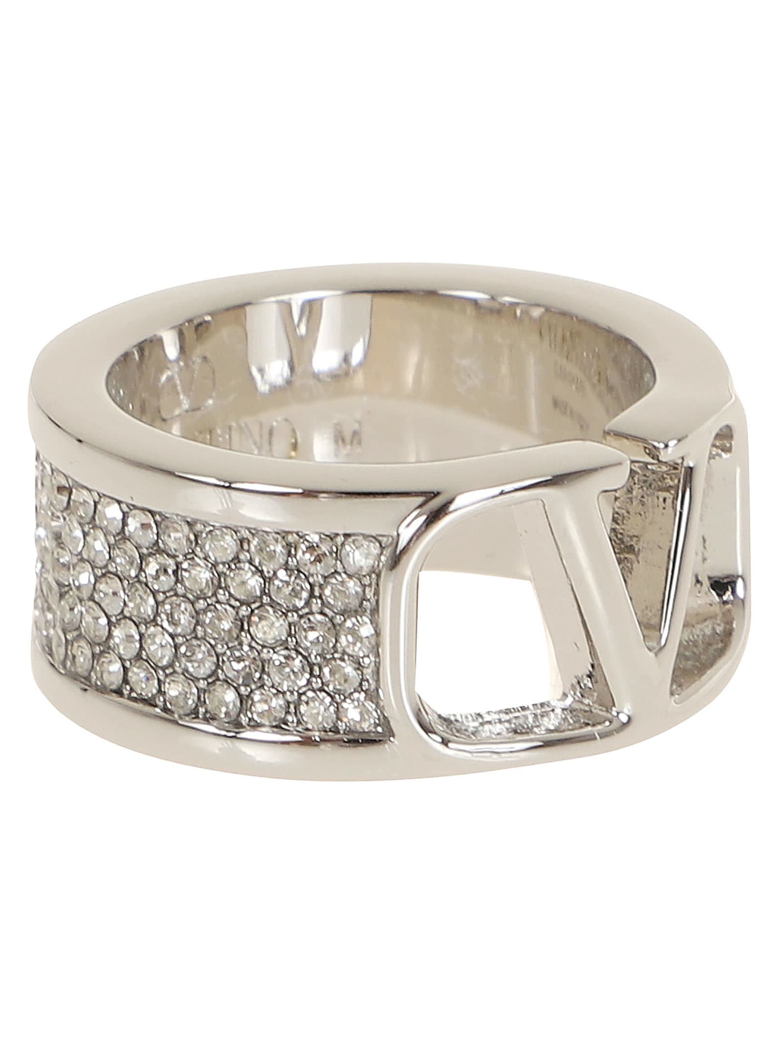 Shop Valentino Ring Vlogo Signature Strass In S Palladium Crystal Silver Shade