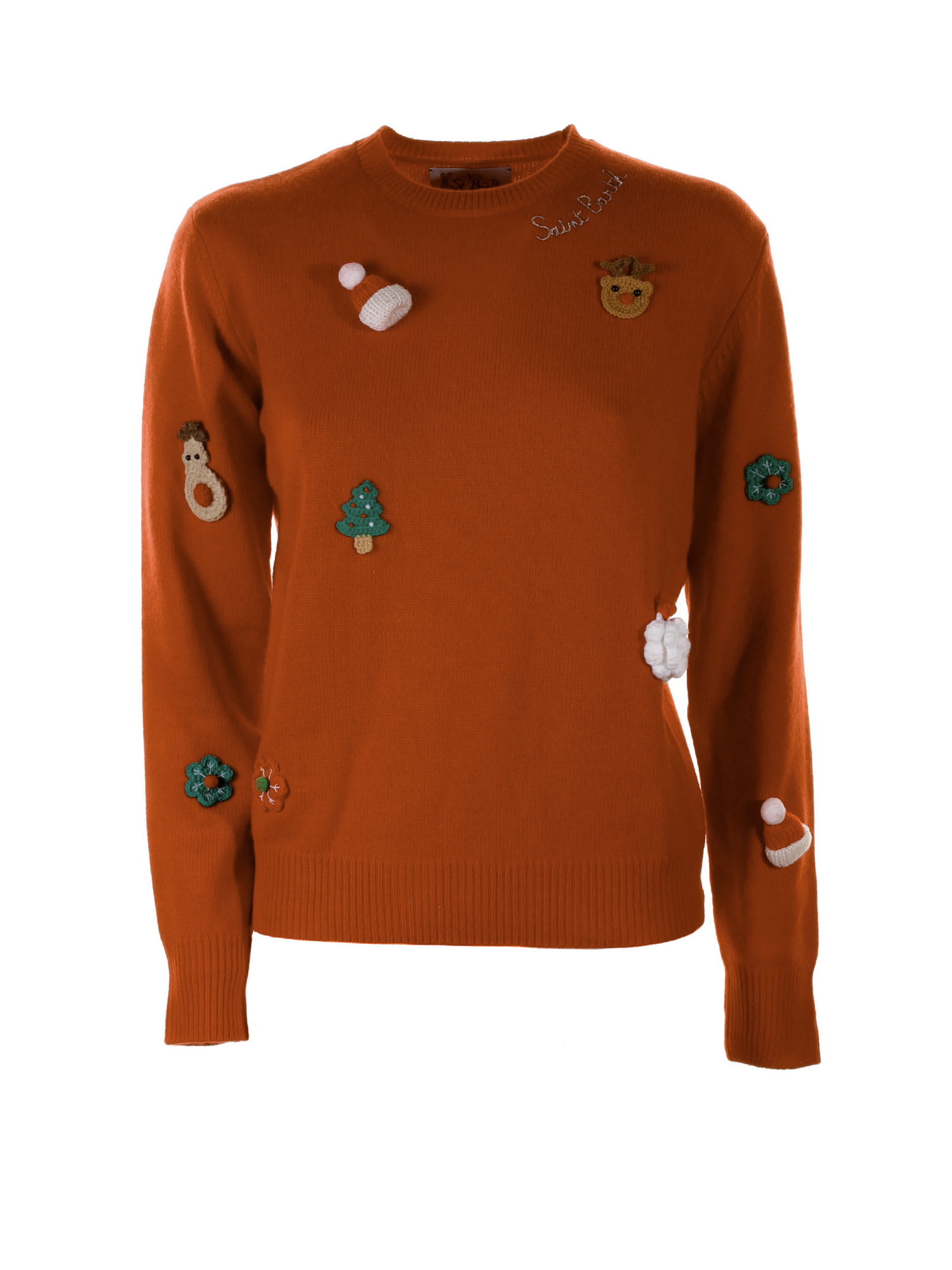 MC2 SAINT BARTH RED CREWNECK SWEATER WITH CHRISTMAS PATCHES