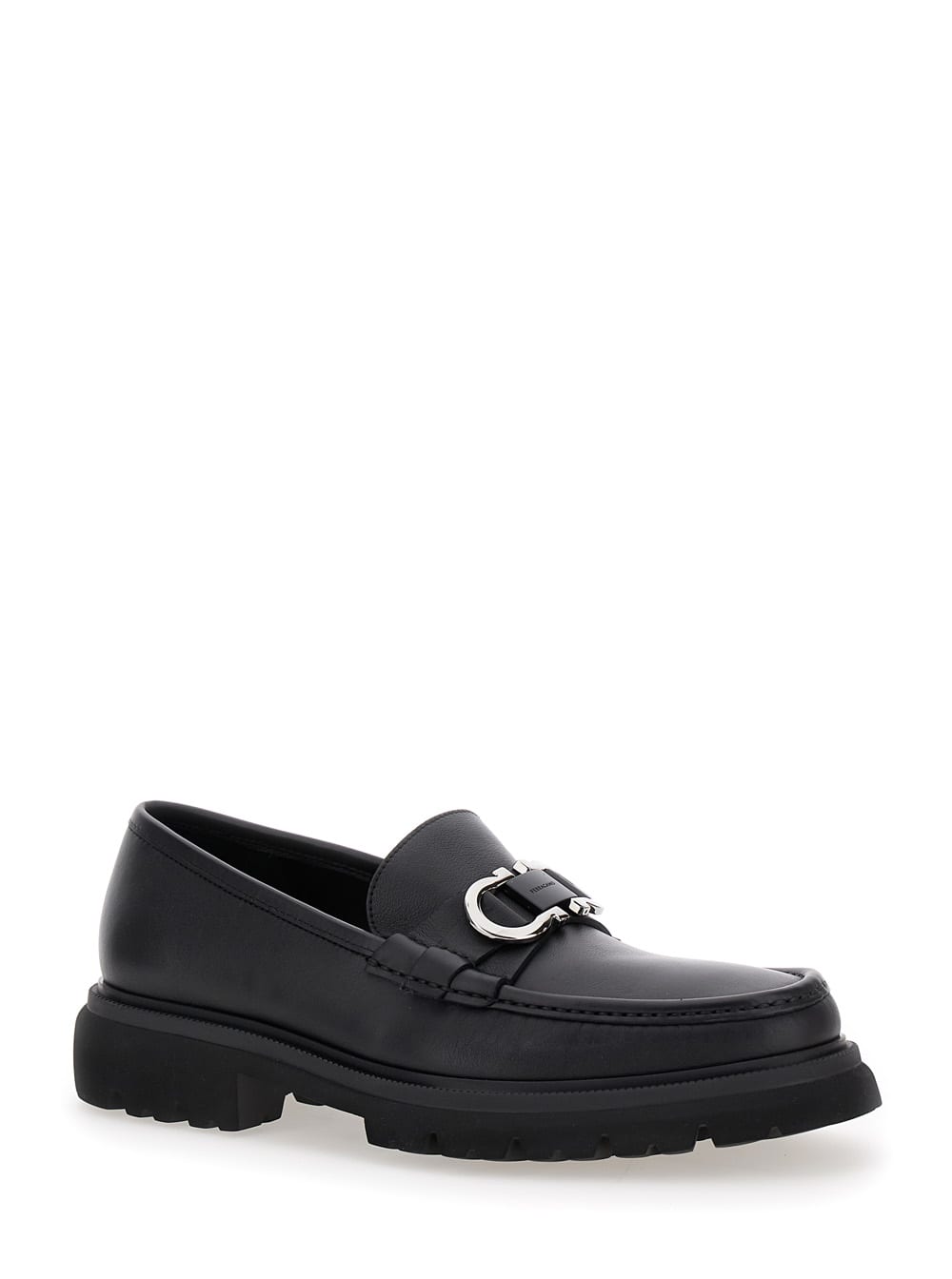 Shop Ferragamo Black Loafers With Platform And Gancini Detail In Leather Man