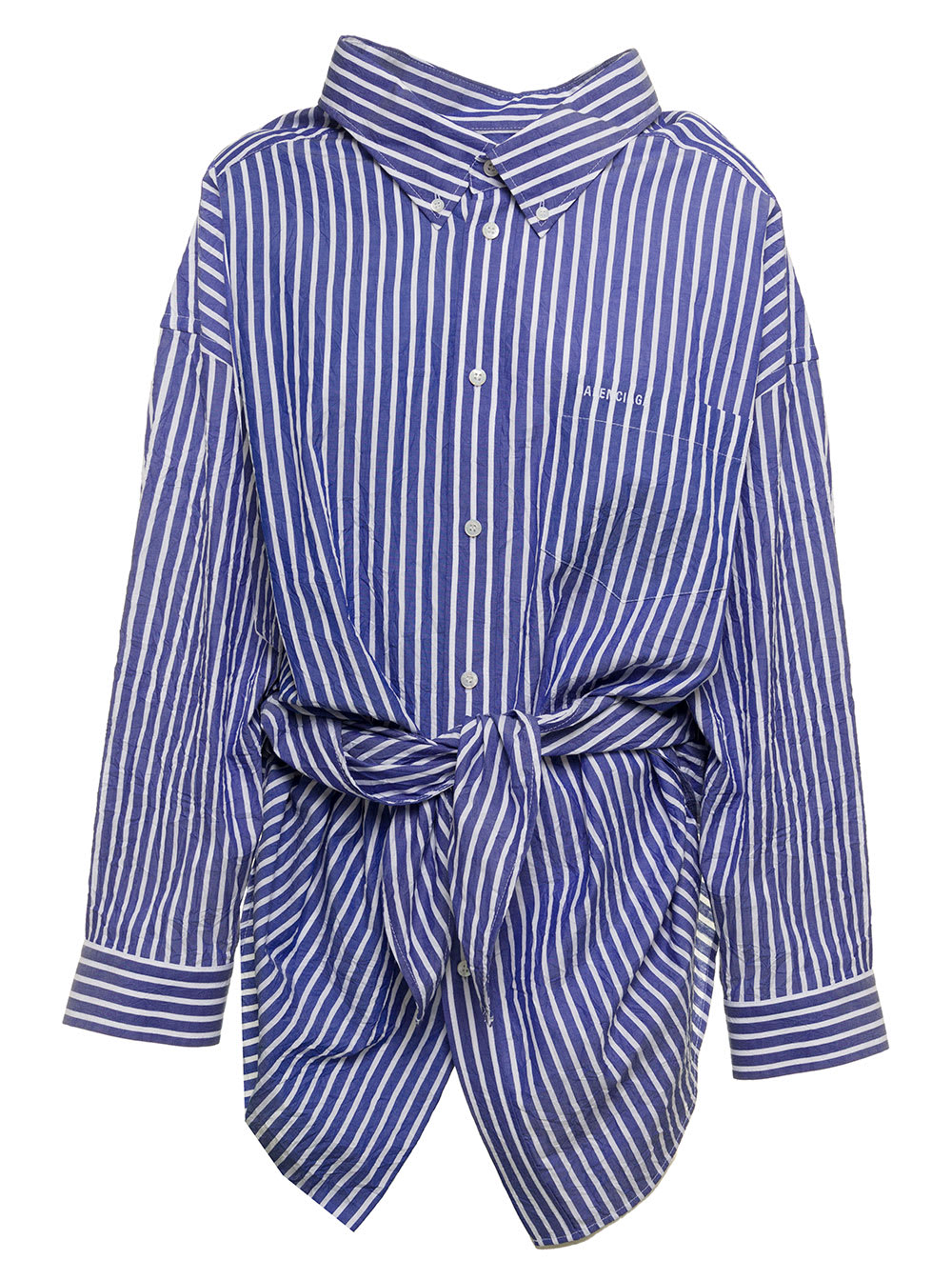 Balenciaga Woman Blue Crinkled Striped Cotton Poplin Shirt
