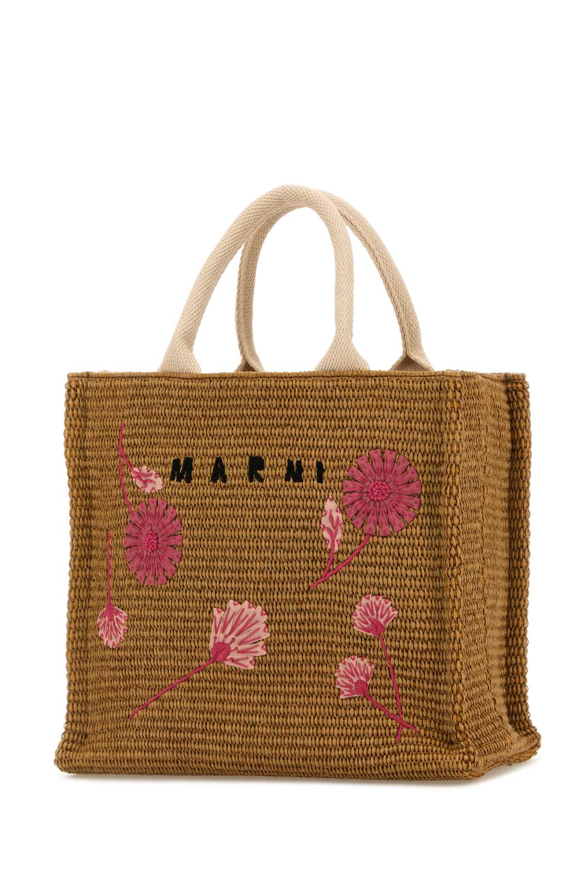 Marni Raffia Shopping Bag Embroidered Floral Design In Brown