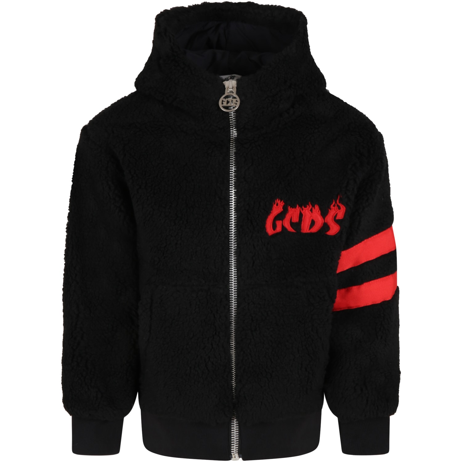 GCDS Mini Black Jacket For Kids With Red Logo