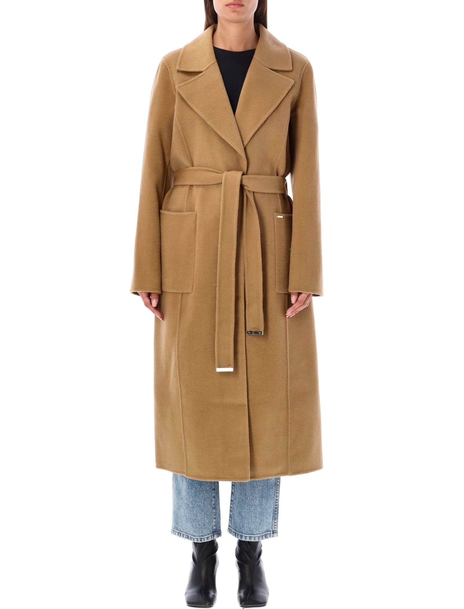 Michael Michael Kors Belted Wool-blend Coat In Dark Camel