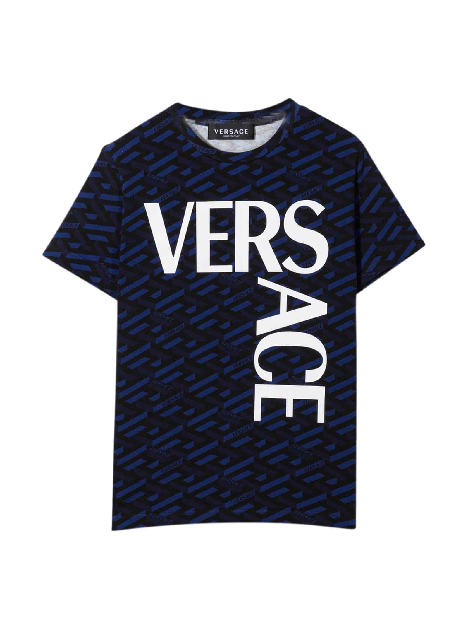 Versace Blue And Black T-shirt With Print And Logo Verscae Kids