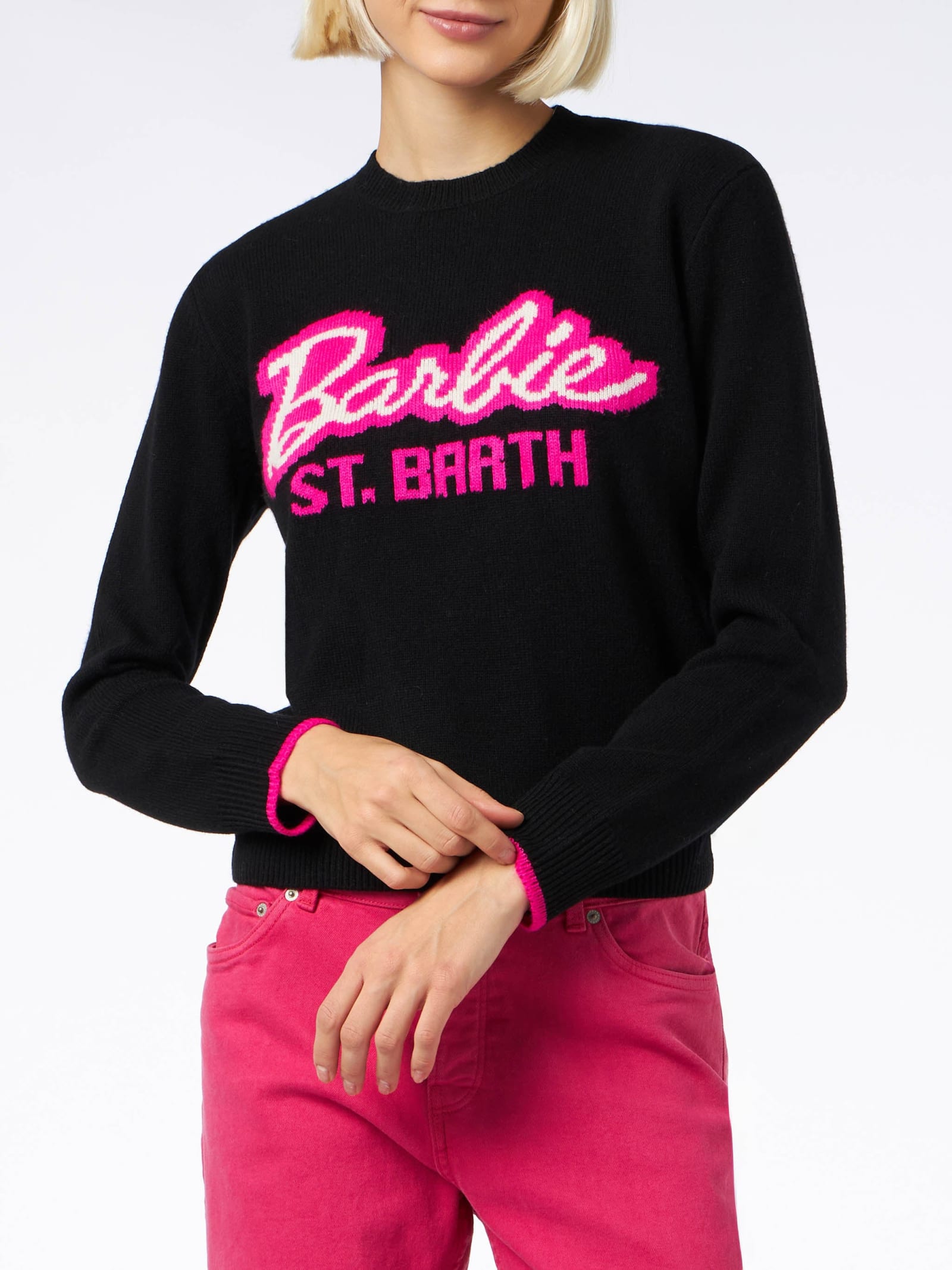 Shop Mc2 Saint Barth Woman Crewneck Black Sweater With Barbie Print Barbie Special Edition