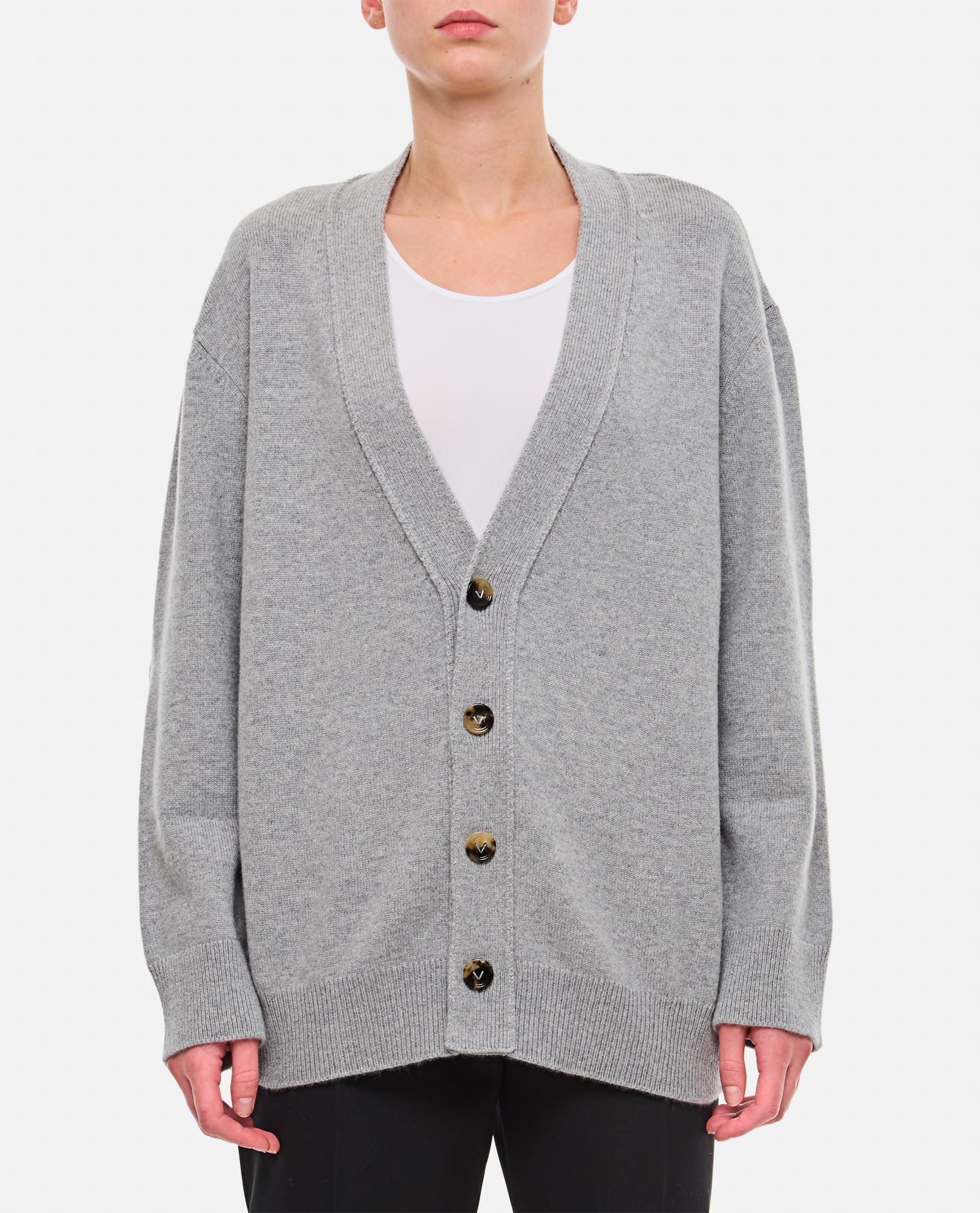 Shop Bottega Veneta Cashmere Cardigan With Woven Leather Elbow Patch In Grey