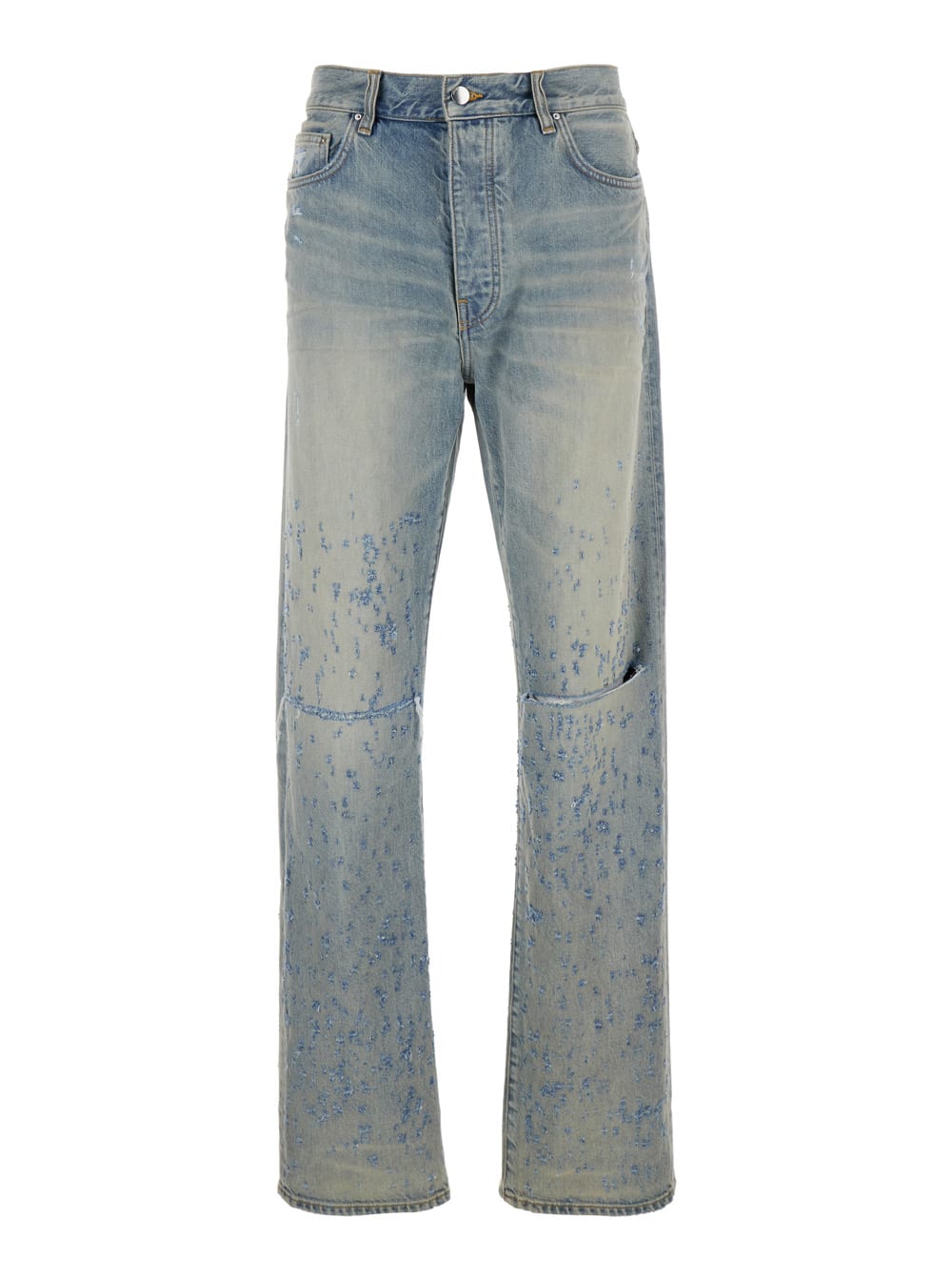 Shop Amiri Light Blue Destroyed Straight Jeans With Cut-out In Cotton Denim Man