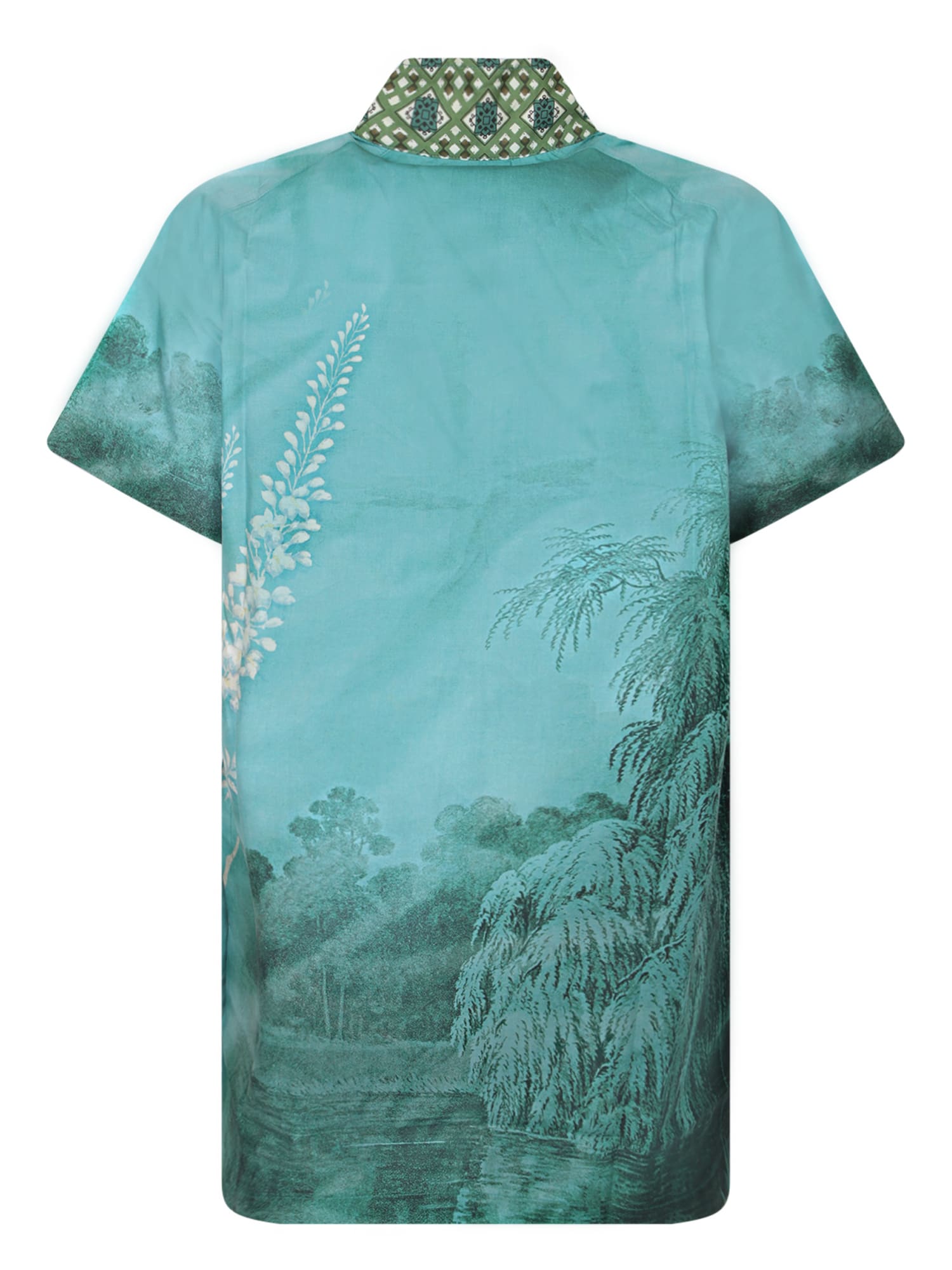 Pierre-louis Mascia Aqua Green Silk Shirt With Tropical Print