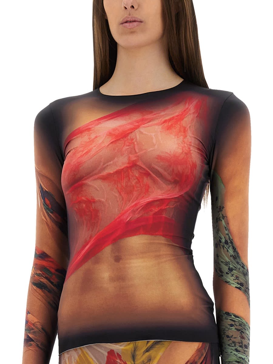 Marine Serre Multicolor Top With Draped Details And All-over Graphic Print In Tech Fabric Woman