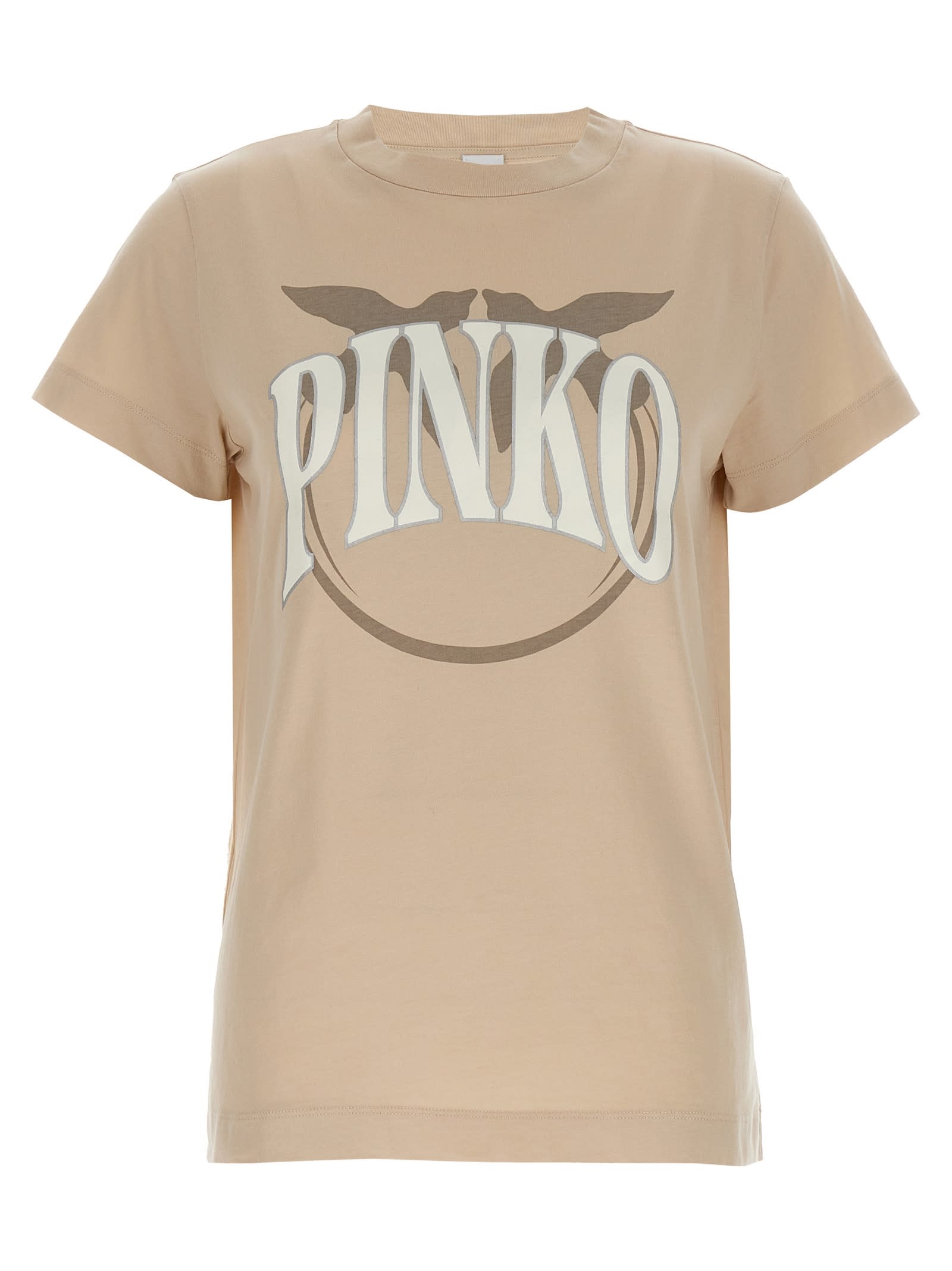 Pinko "launch" Crew Neck Graphic Print T-shirt In Beige