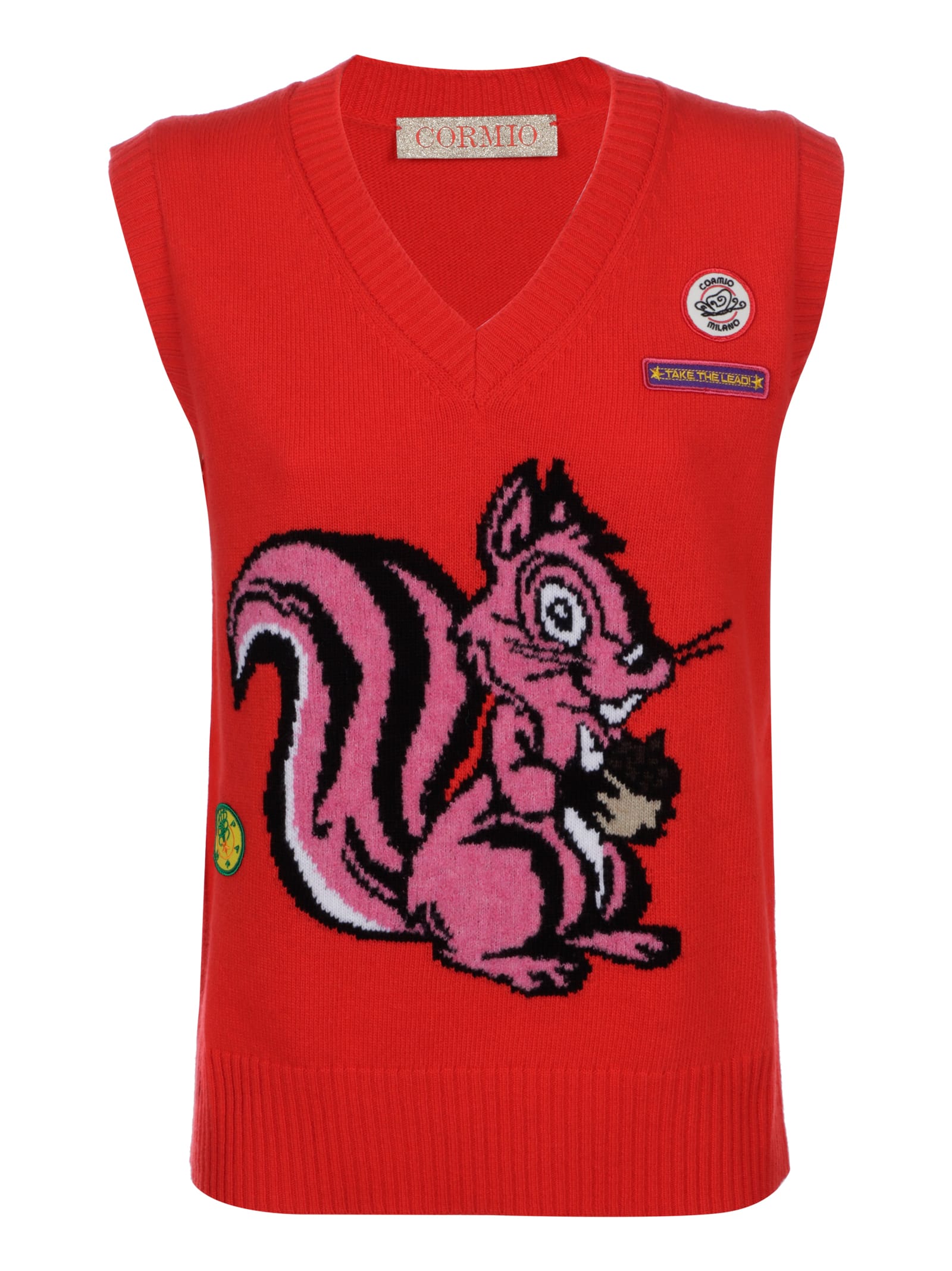 Cormio Graphic Patch Ribbed V-neck Vest In Red