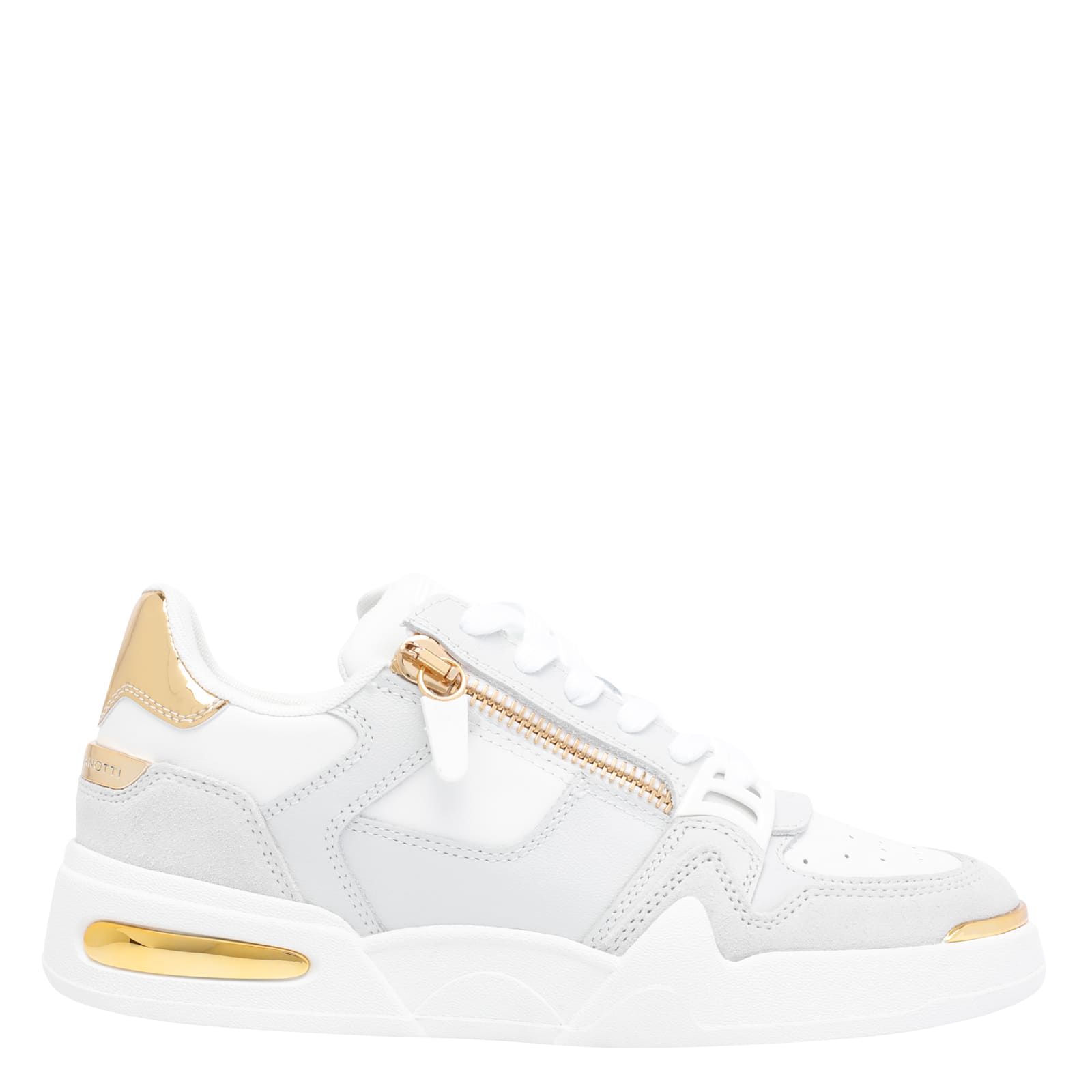 Giuseppe Zanotti Round Toe Leather Sneakers Featuring Gold Accents In White