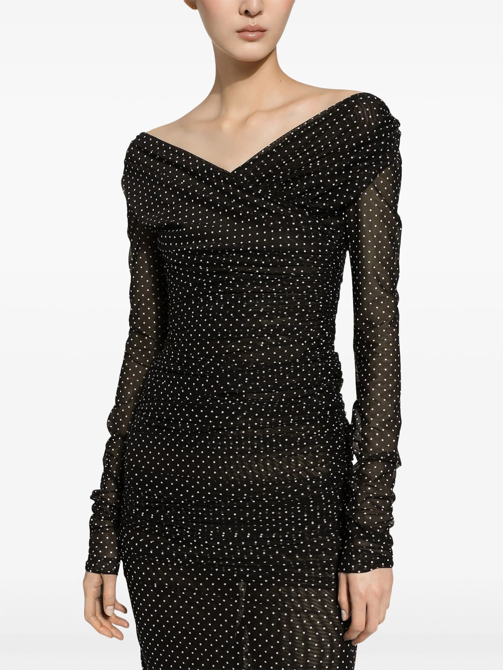 Dolce & Gabbana Tulle Calf-length Dress With Draping And Polka-dot Print In Black