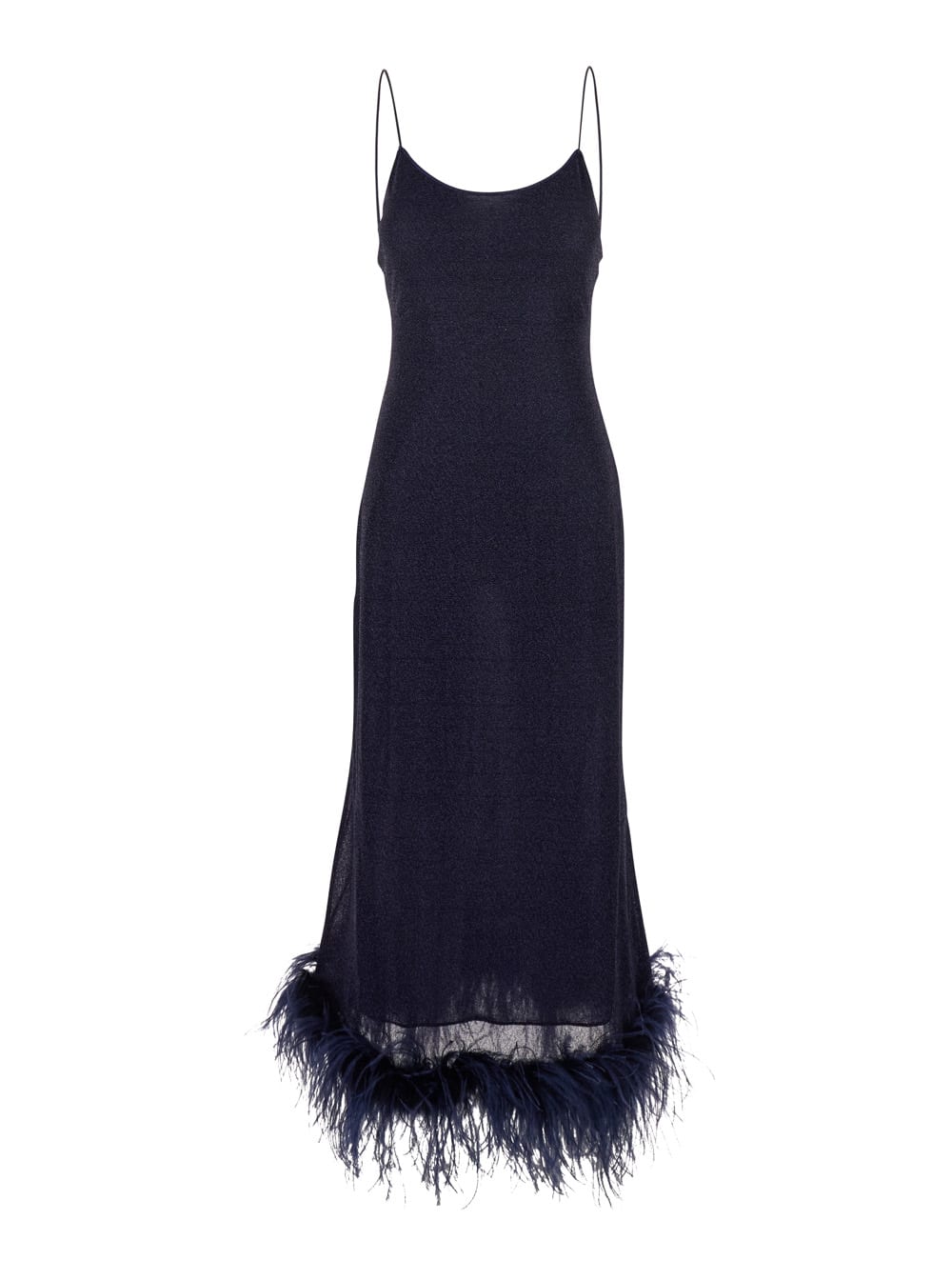 lumiere Plumage Blue Sleeveless Slip Dress With Tonal Feathered Hem In Tech Fabric Stretch Woman