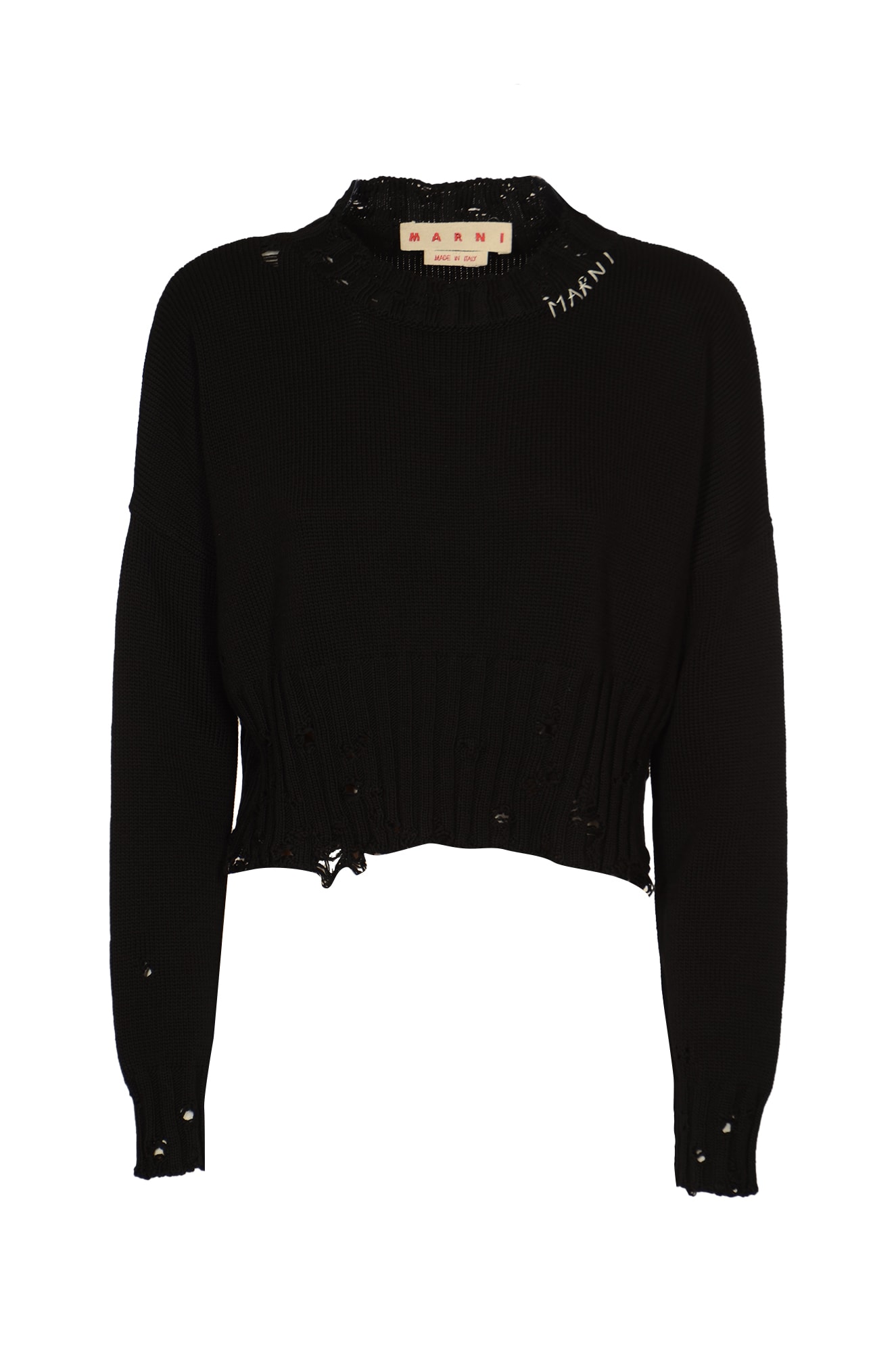 Shop Marni Distressed Cropped Knit Jumper In Black