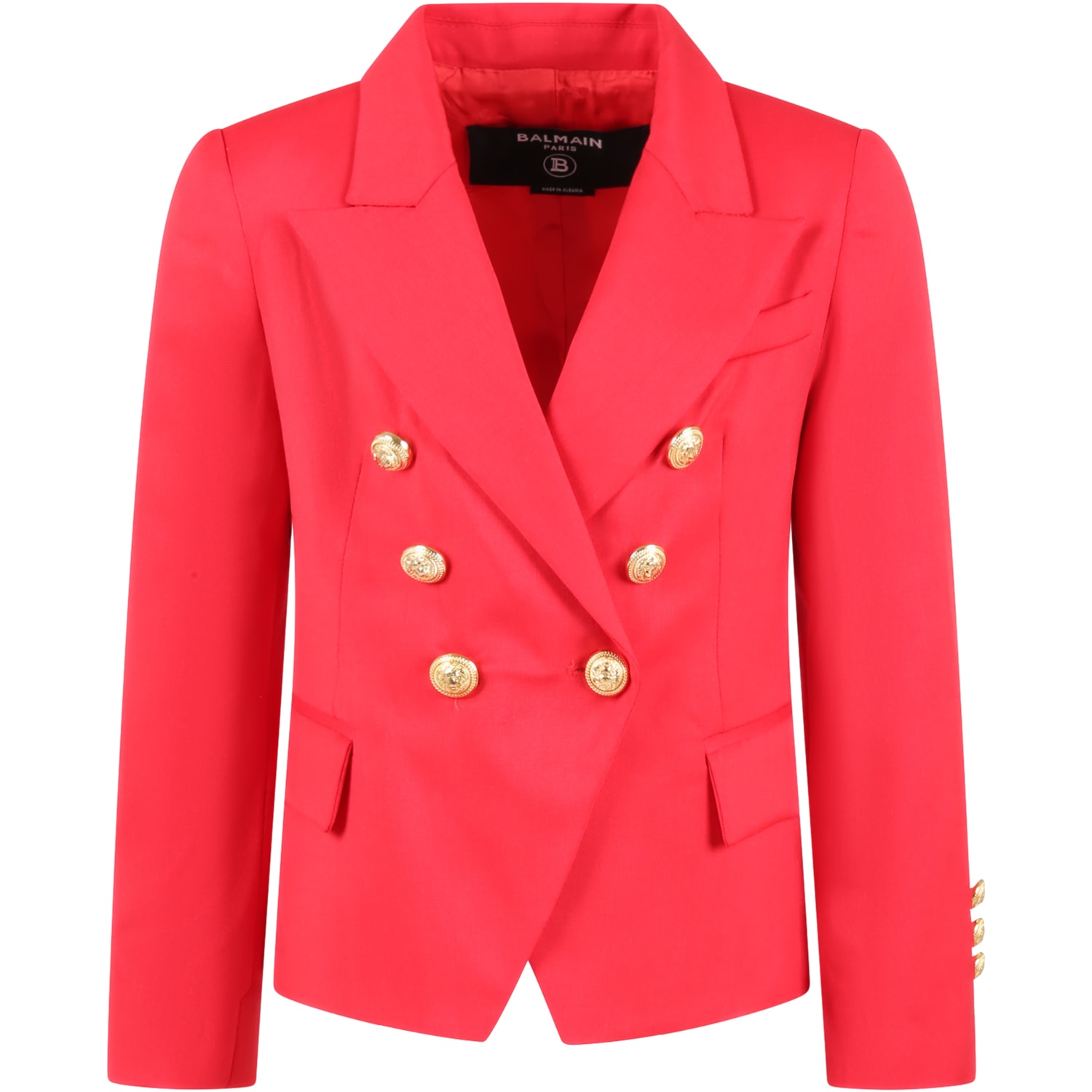 Balmain Red Jacket For Girl With Iconic Buttons